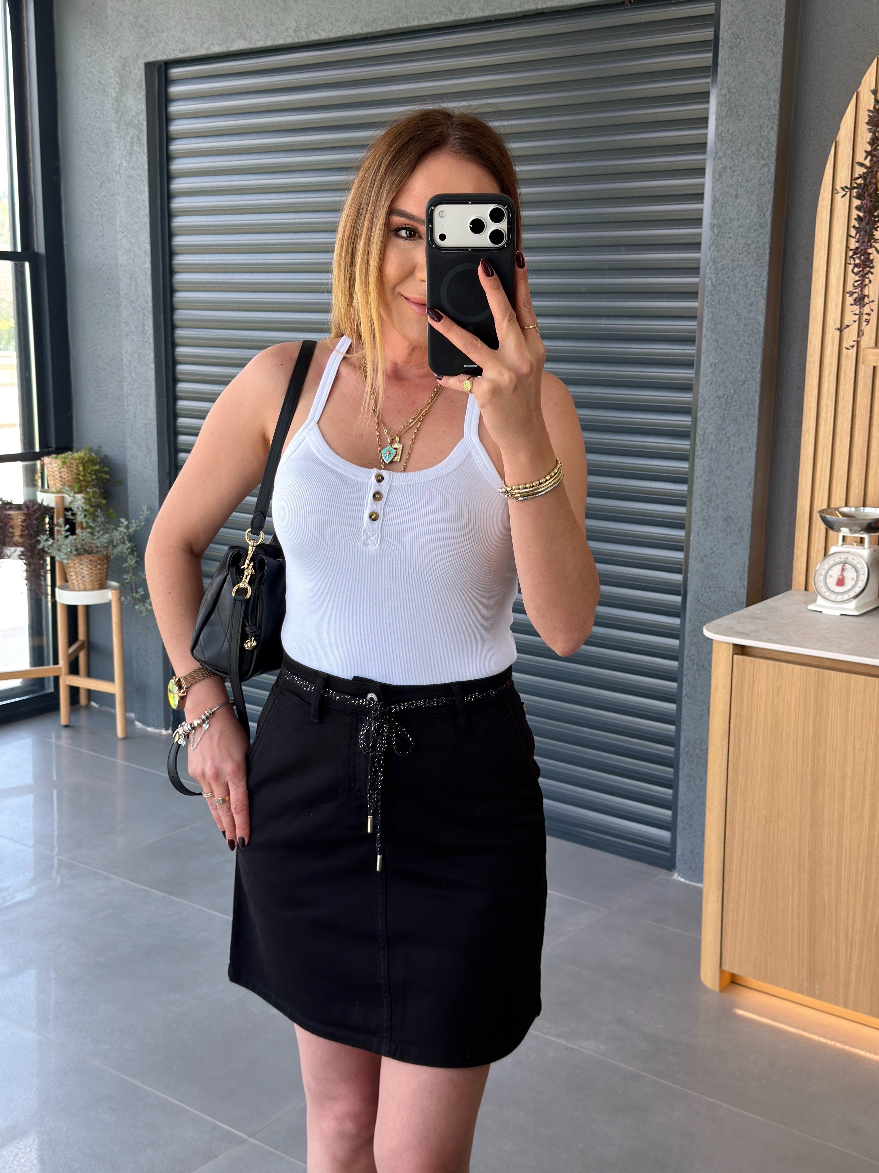 Kordonlu Mini Jean Etek SİYAH