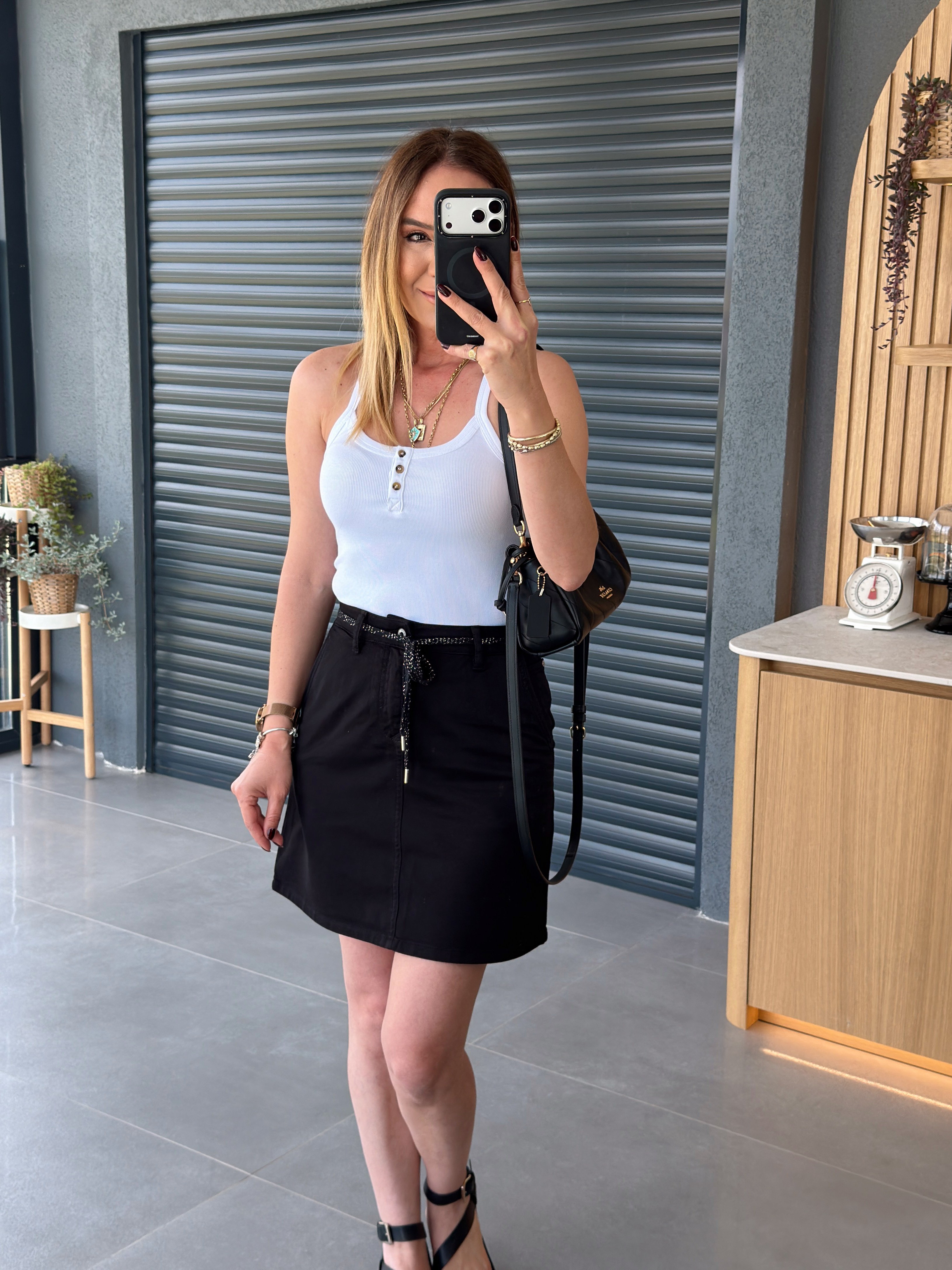 Kordonlu Mini Jean Etek SİYAH