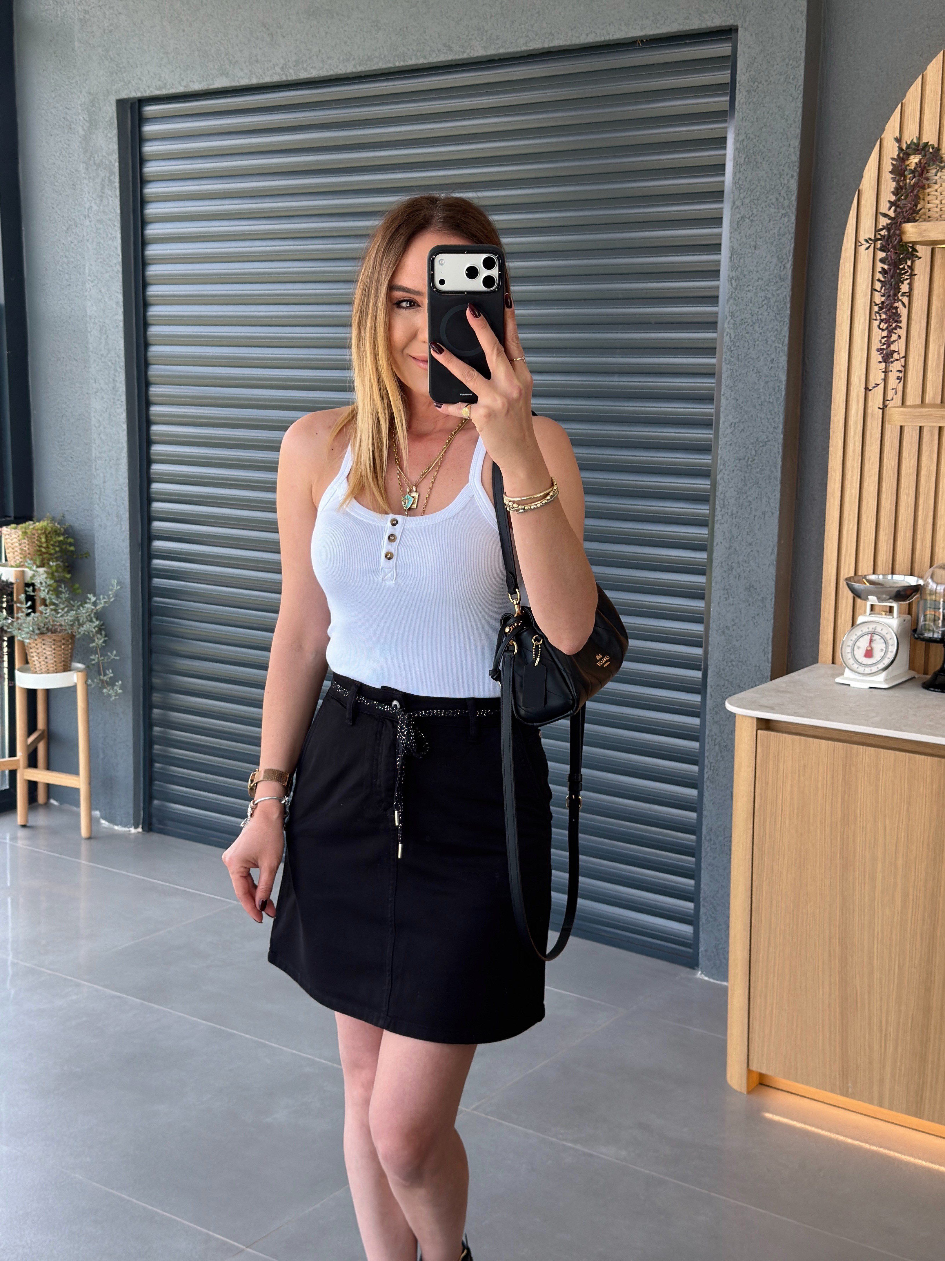 Kordonlu Mini Jean Etek SİYAH