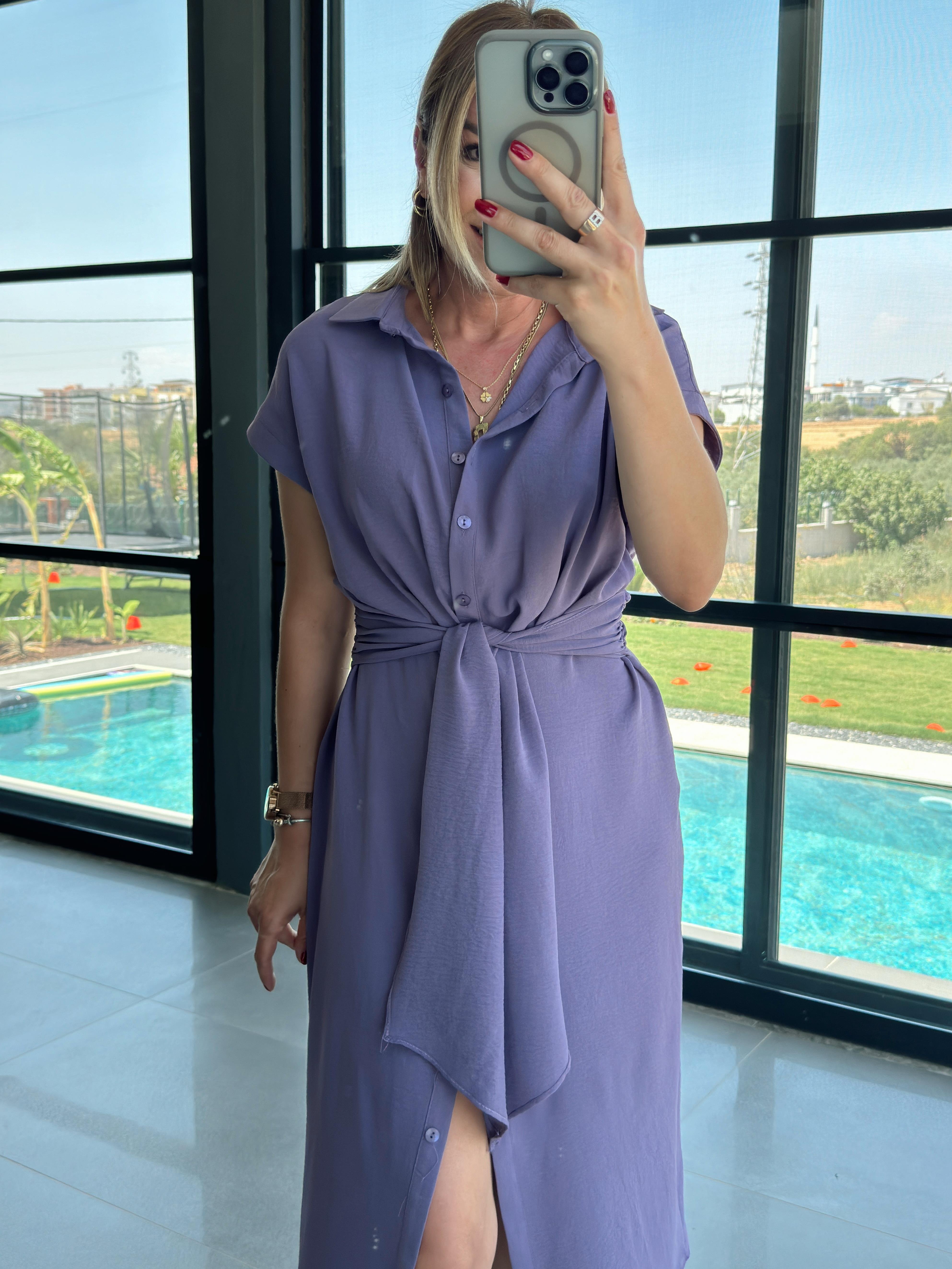 Kuşak Detaylı Gömlek Elbise MOR