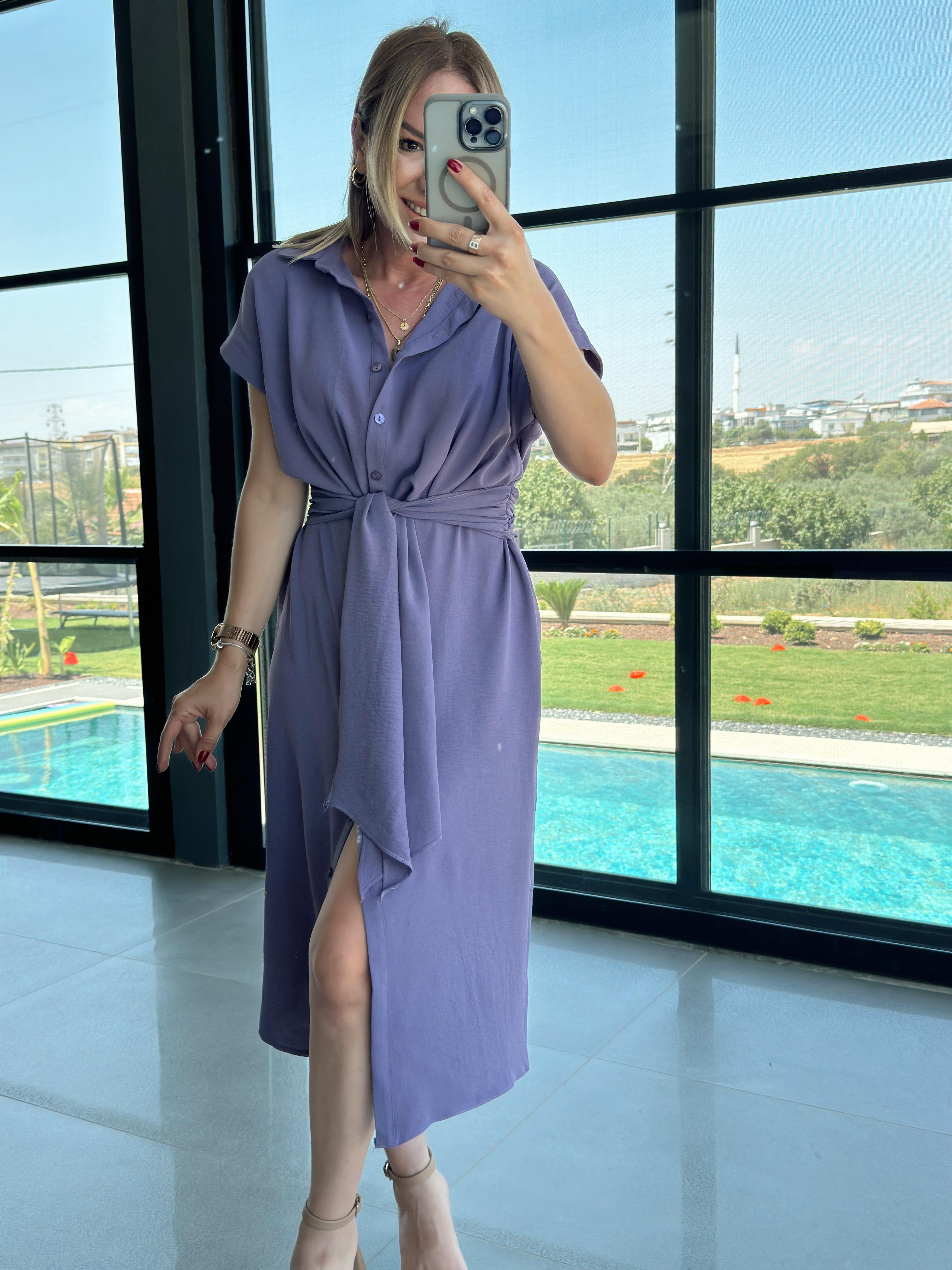 Kuşak Detaylı Gömlek Elbise MOR