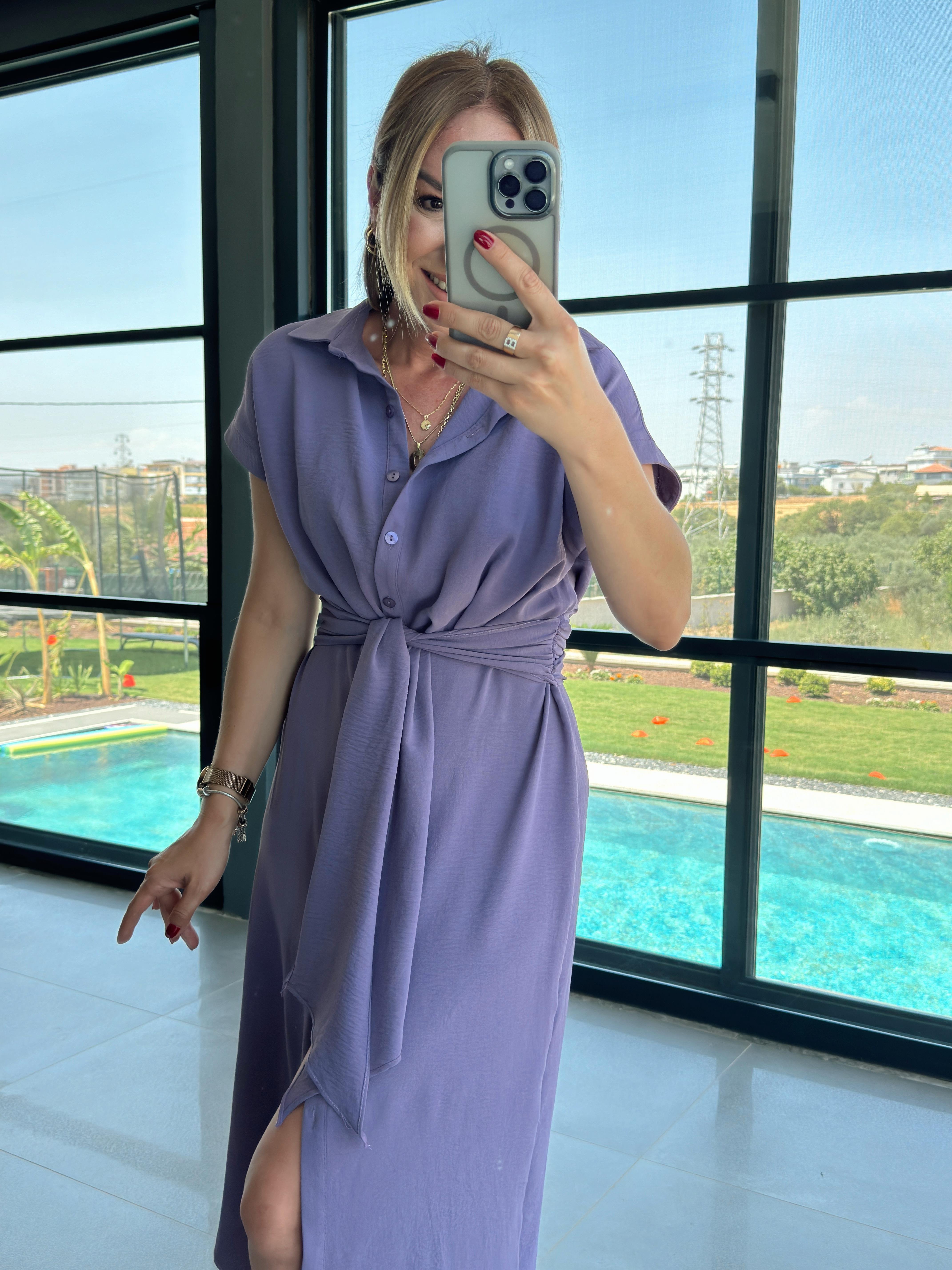 Kuşak Detaylı Gömlek Elbise MOR
