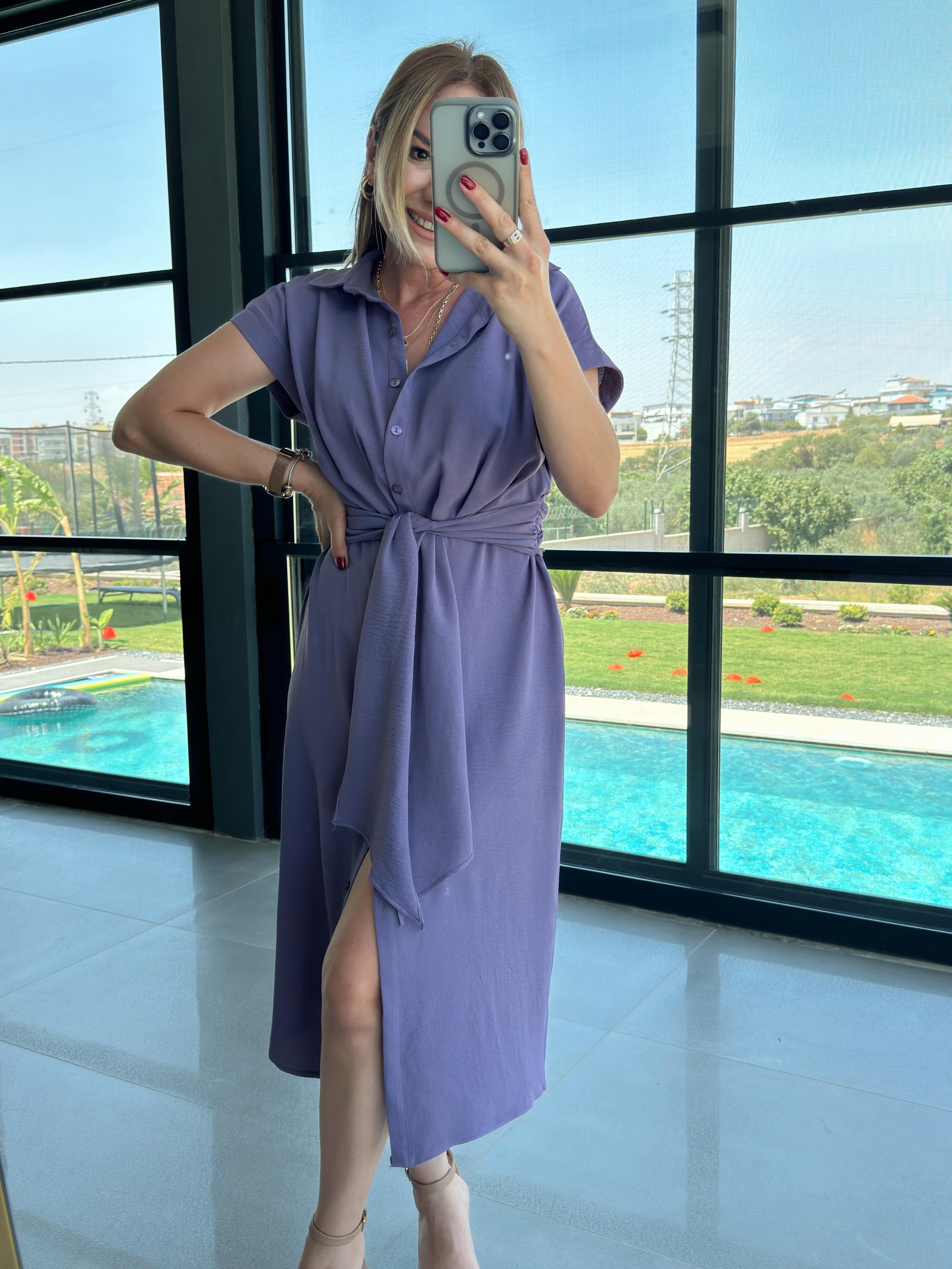 Kuşak Detaylı Gömlek Elbise MOR