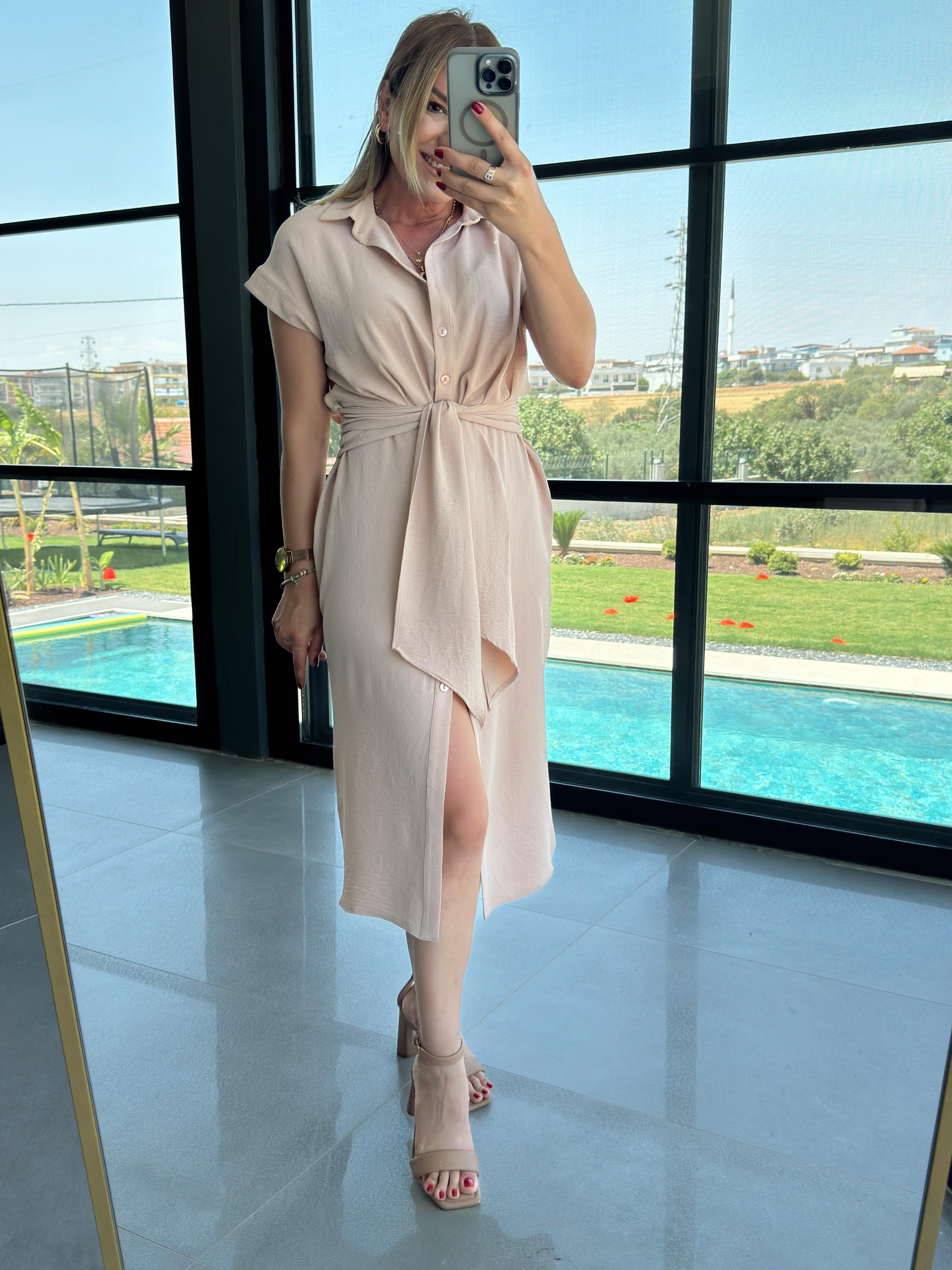 Kuşak Detaylı Gömlek Elbise PUDRA