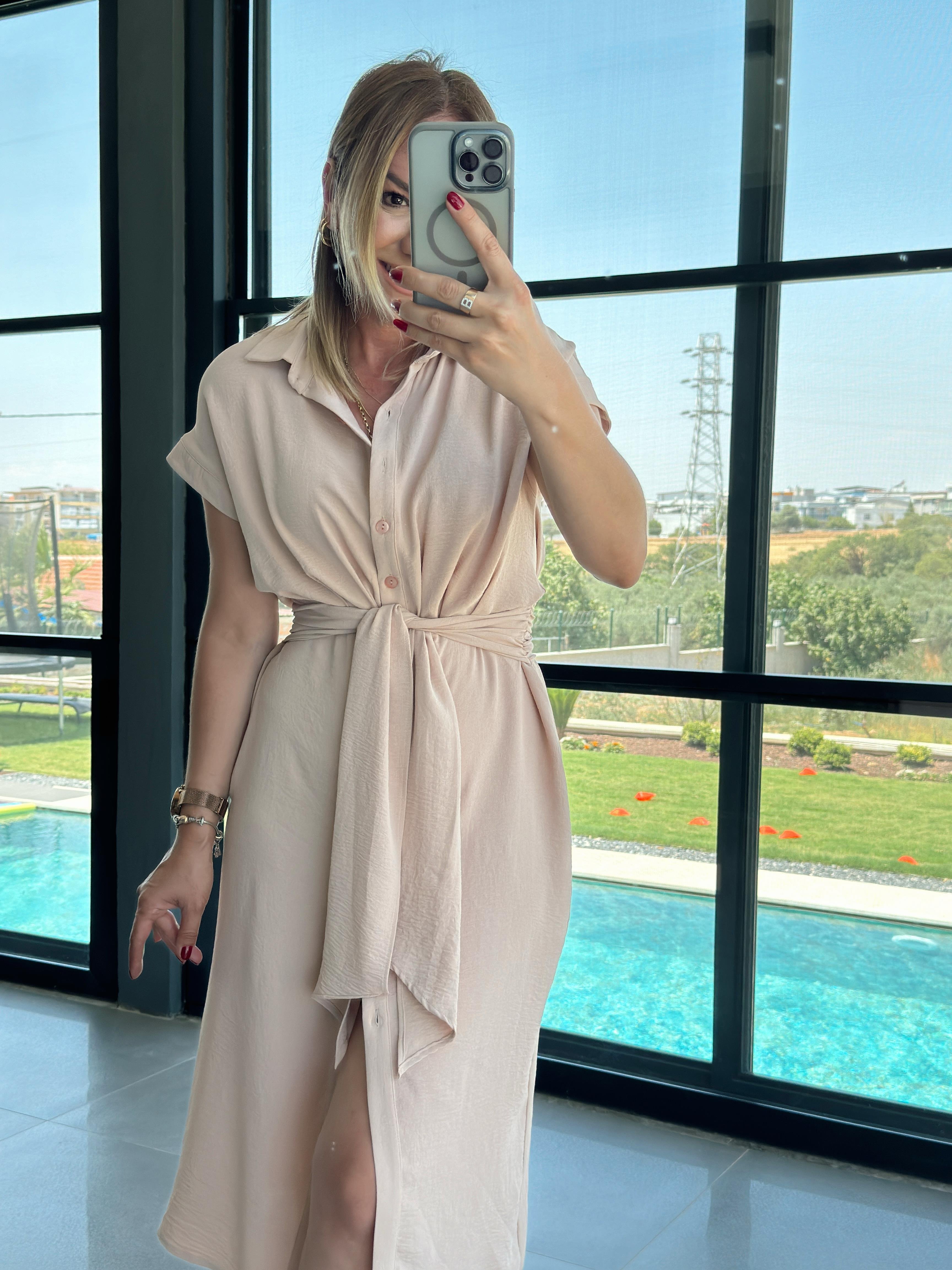Kuşak Detaylı Gömlek Elbise PUDRA