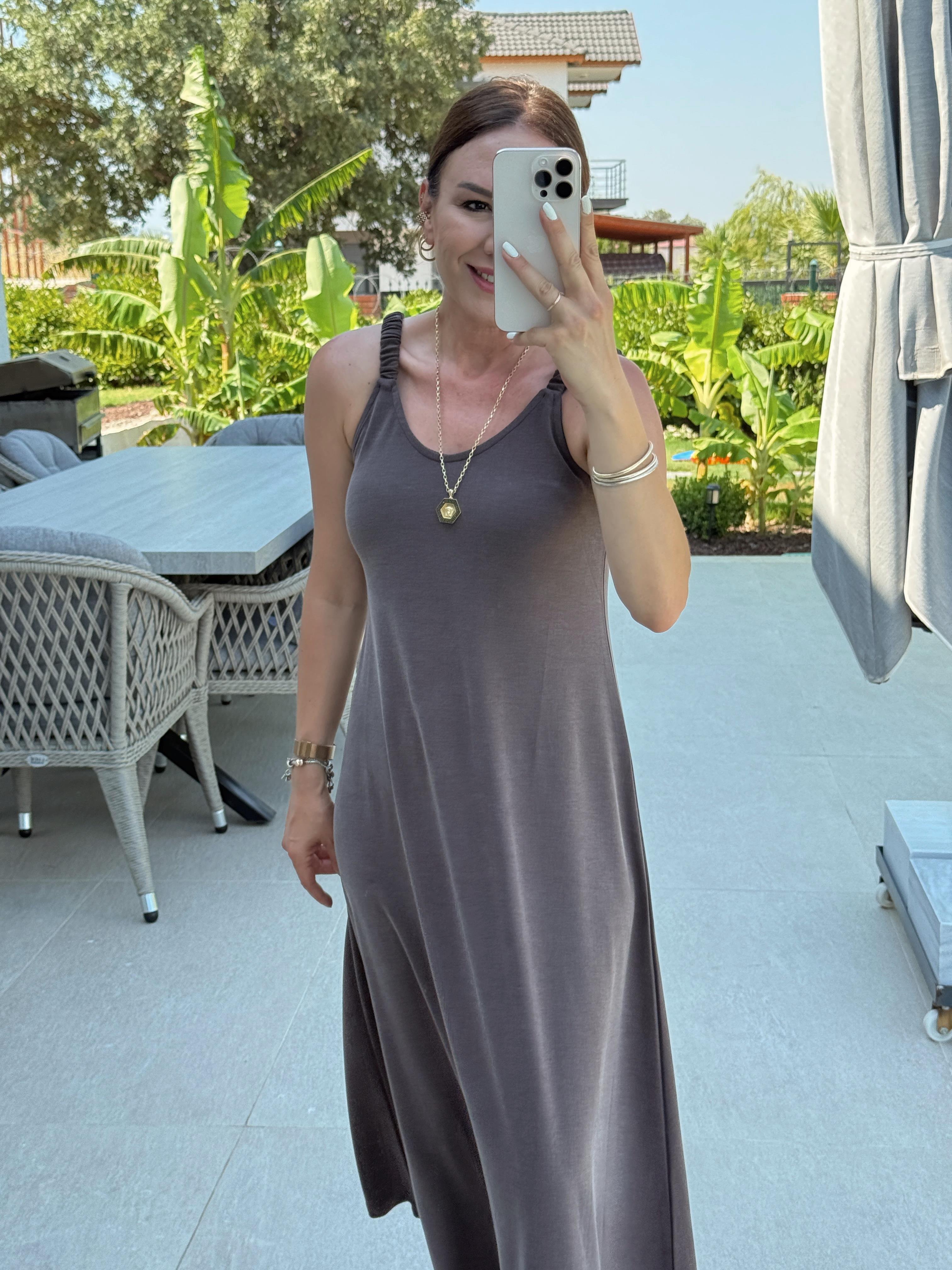 Lastik Askılı Modal Elbise KAHVE