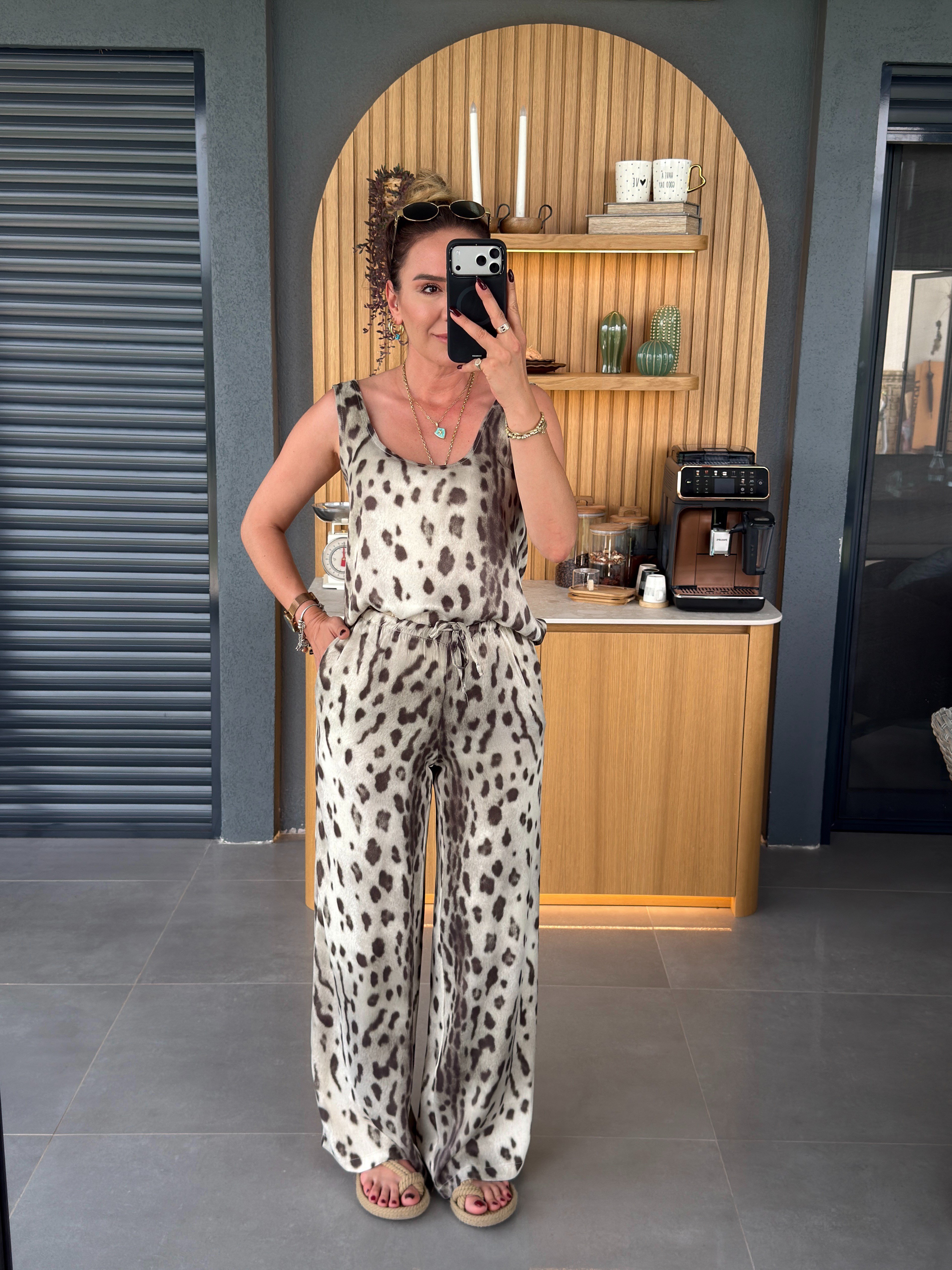 Leopar Askılı Bluz BEJ