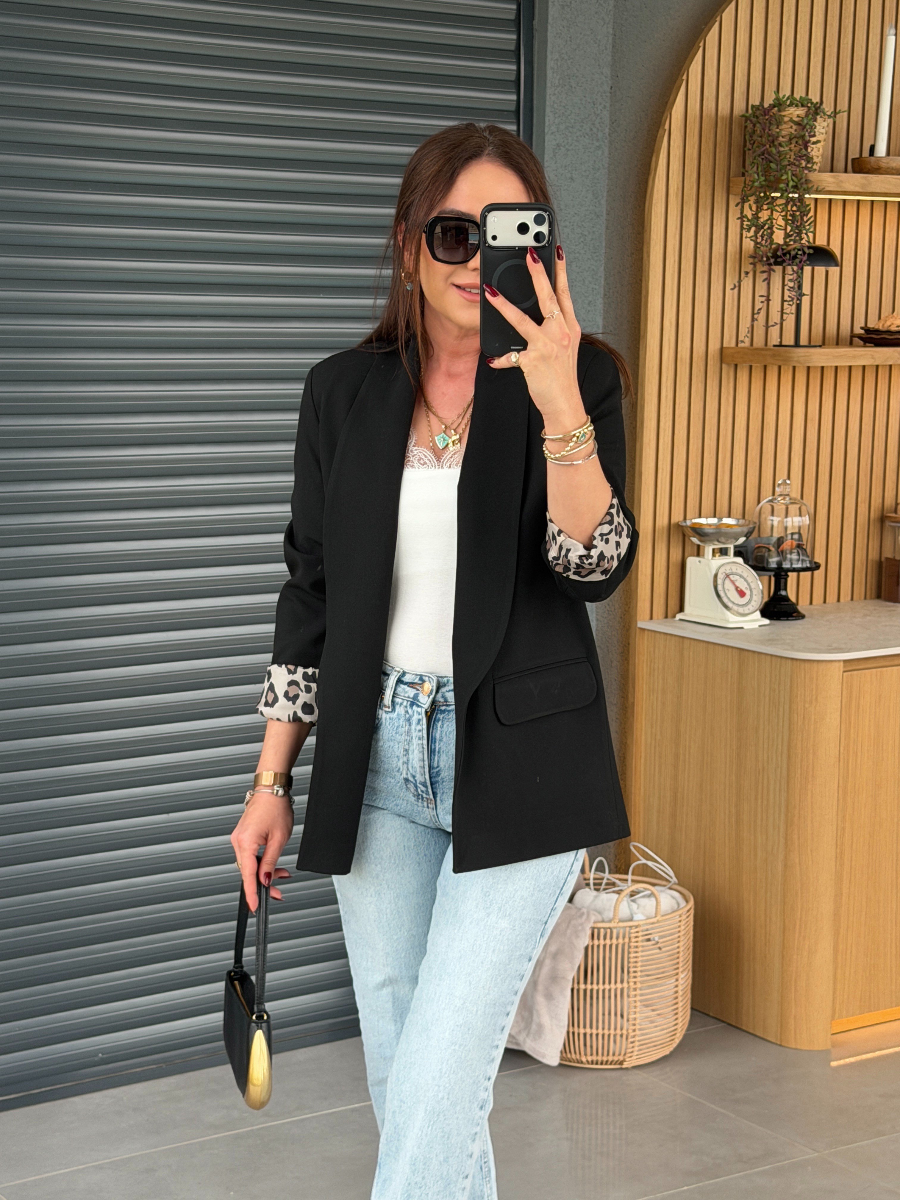 Leopar Astarlı Blazer Ceket SİYAH