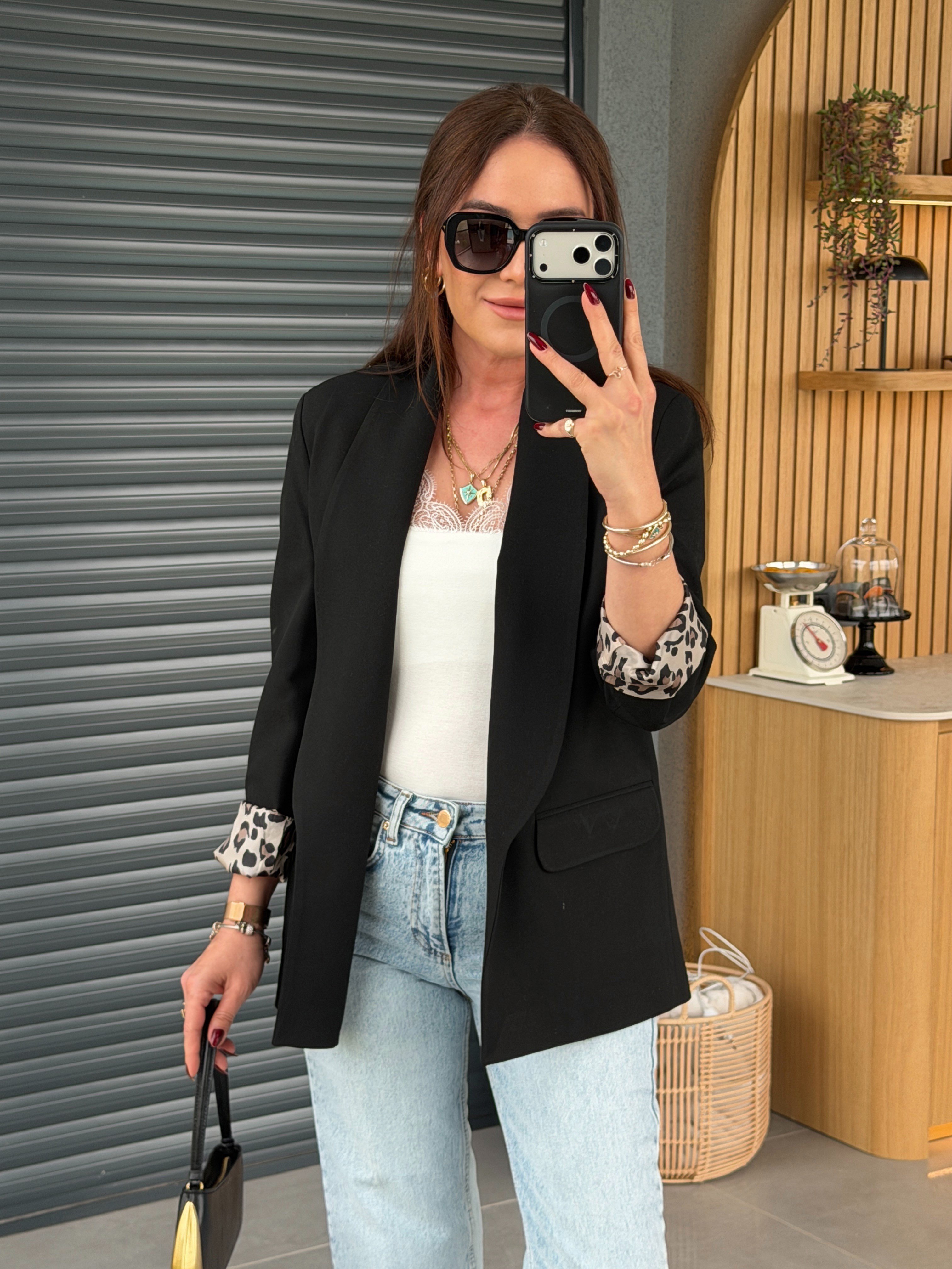 Leopar Astarlı Blazer Ceket SİYAH