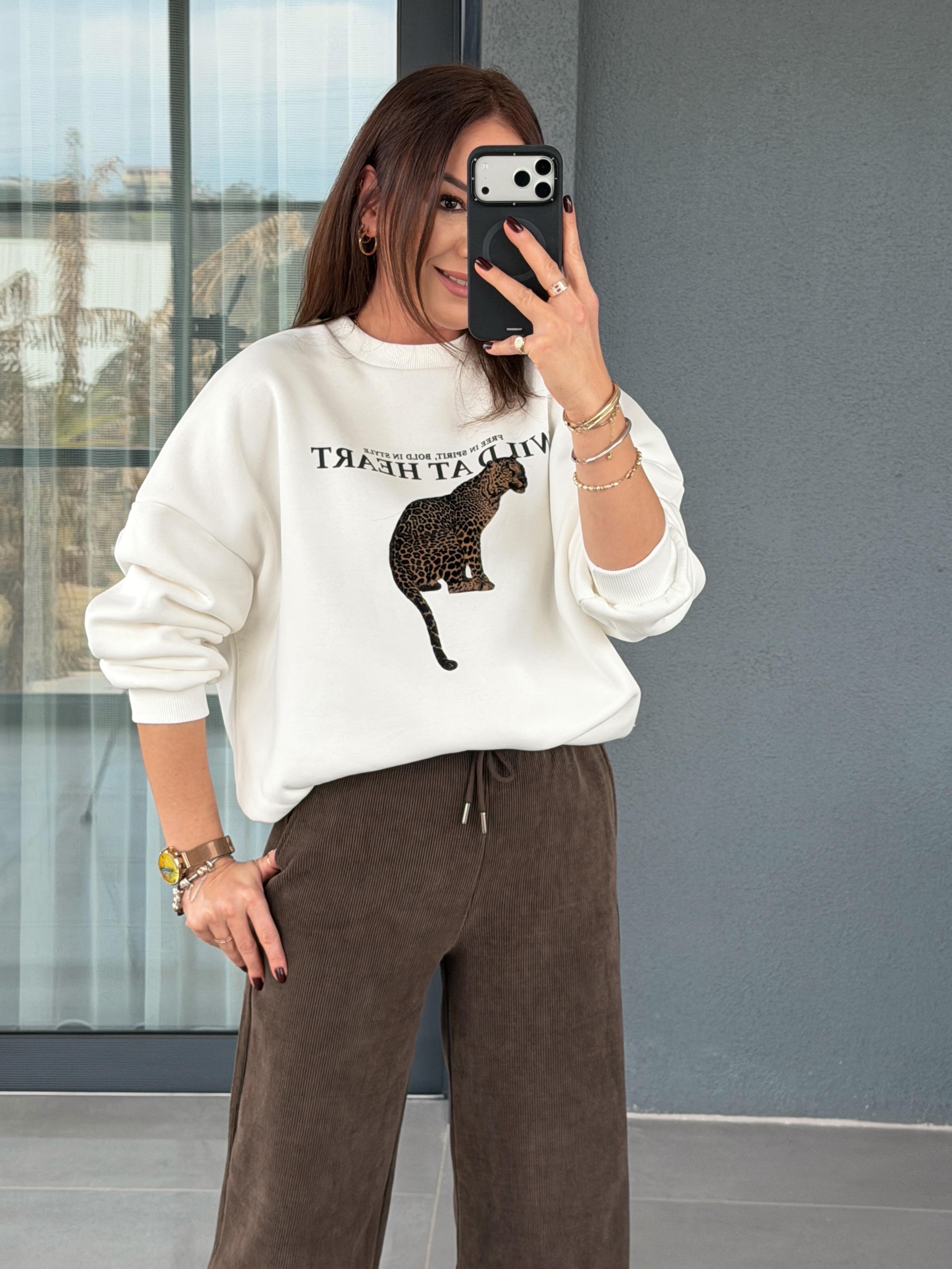 Leopar Baskılı Sweatshirt EKRU