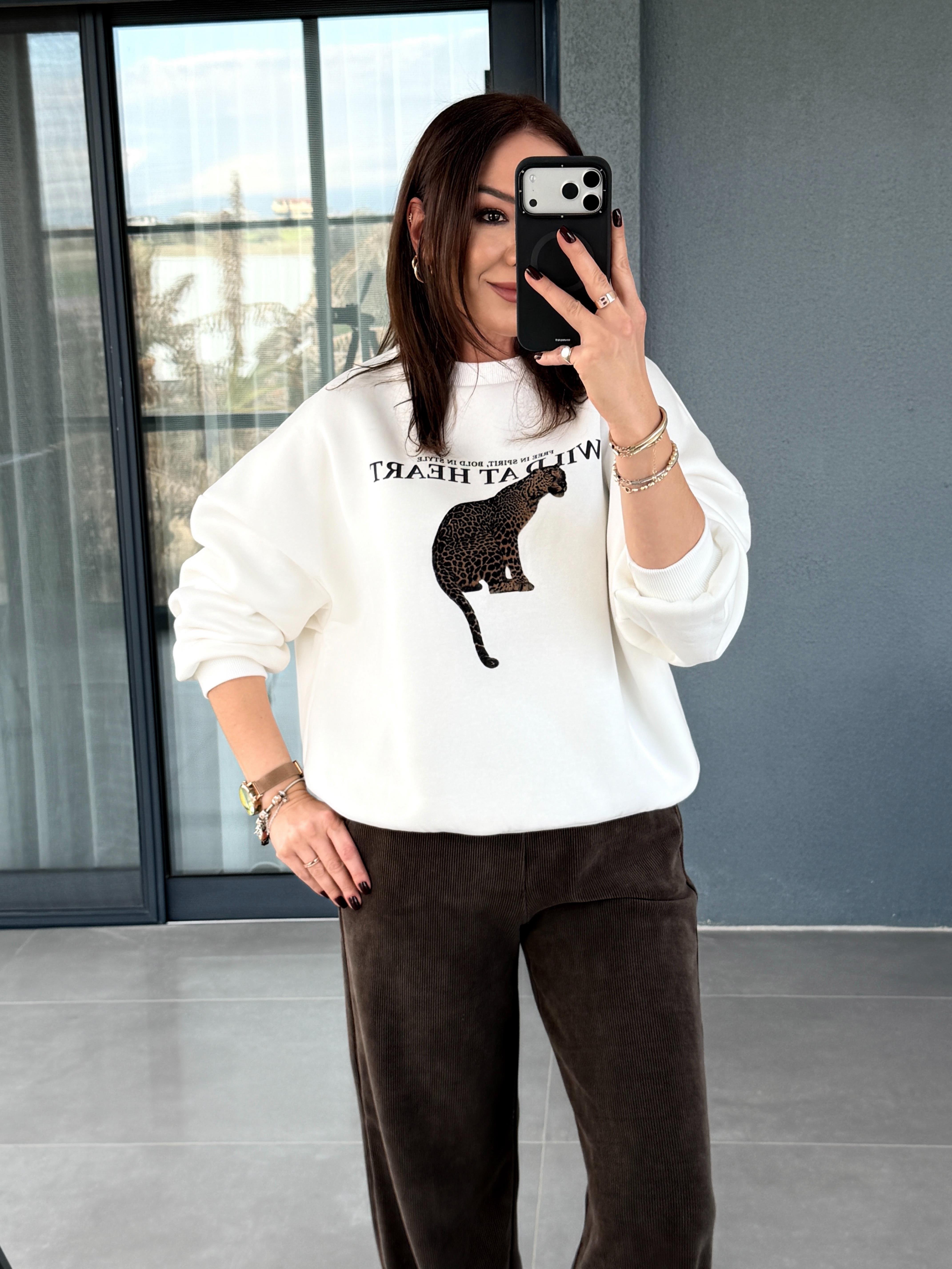 Leopar Baskılı Sweatshirt EKRU