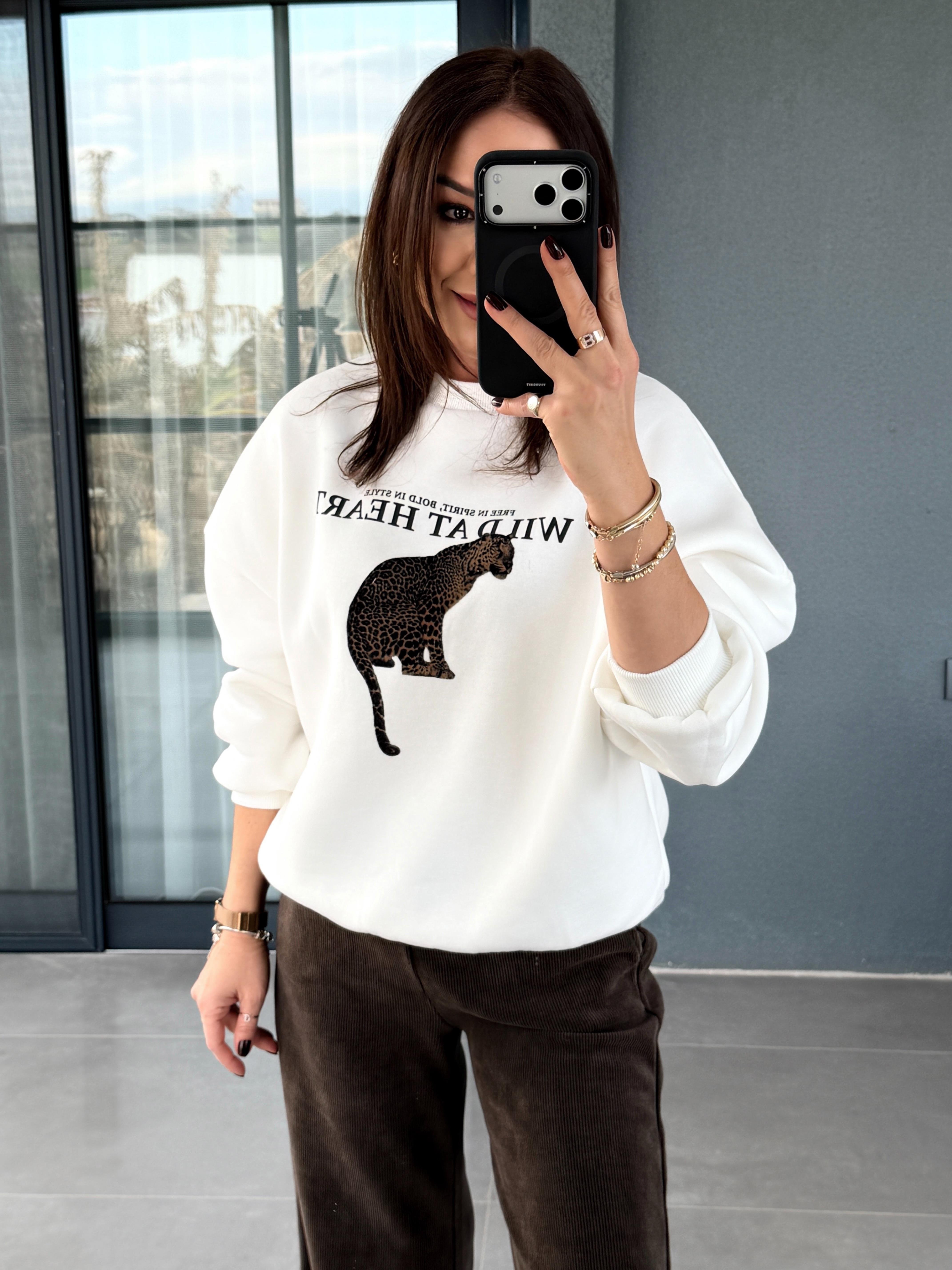 Leopar Baskılı Sweatshirt EKRU