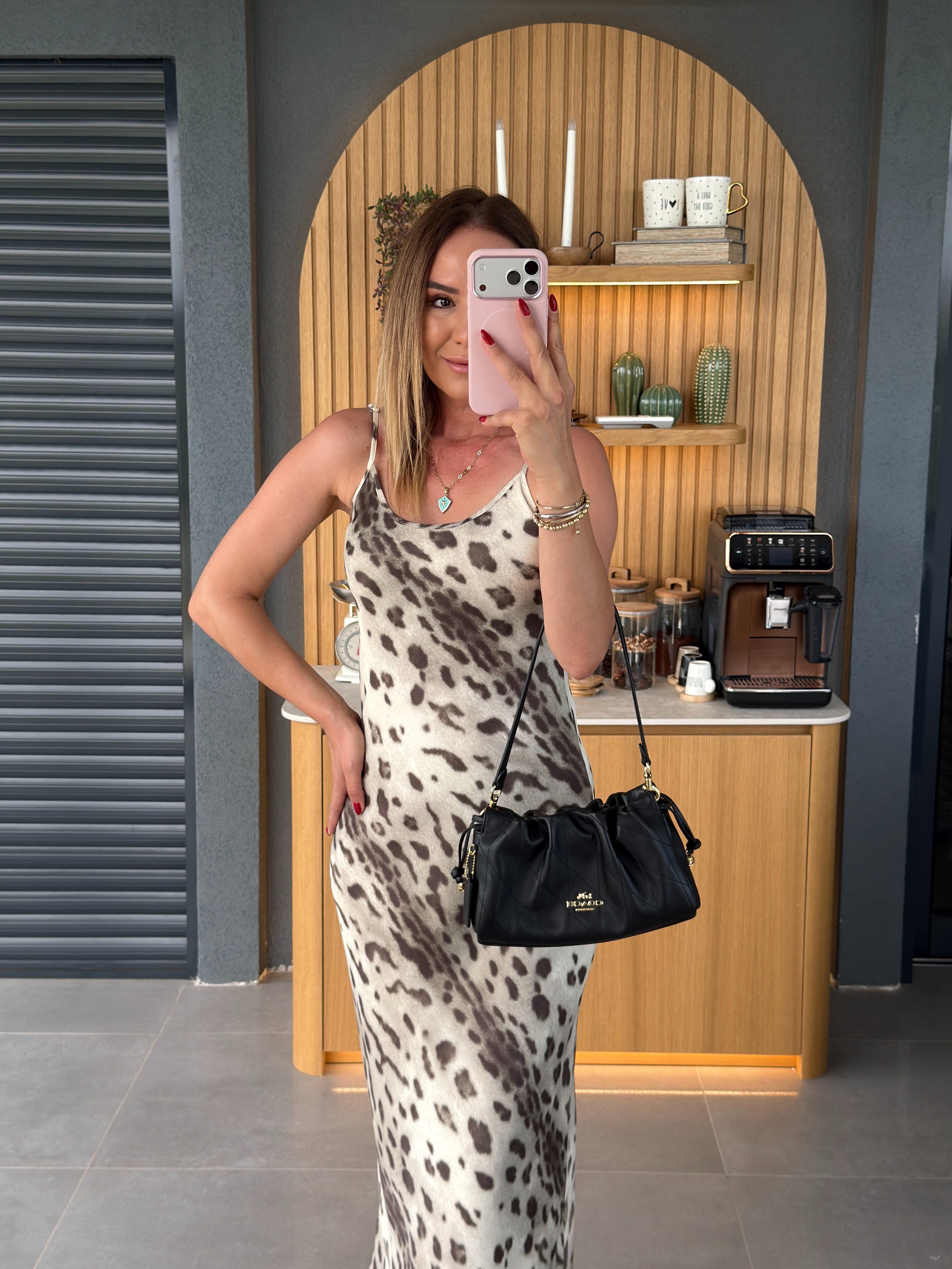 Leopar Desen İp Askılı Elbise BEJ