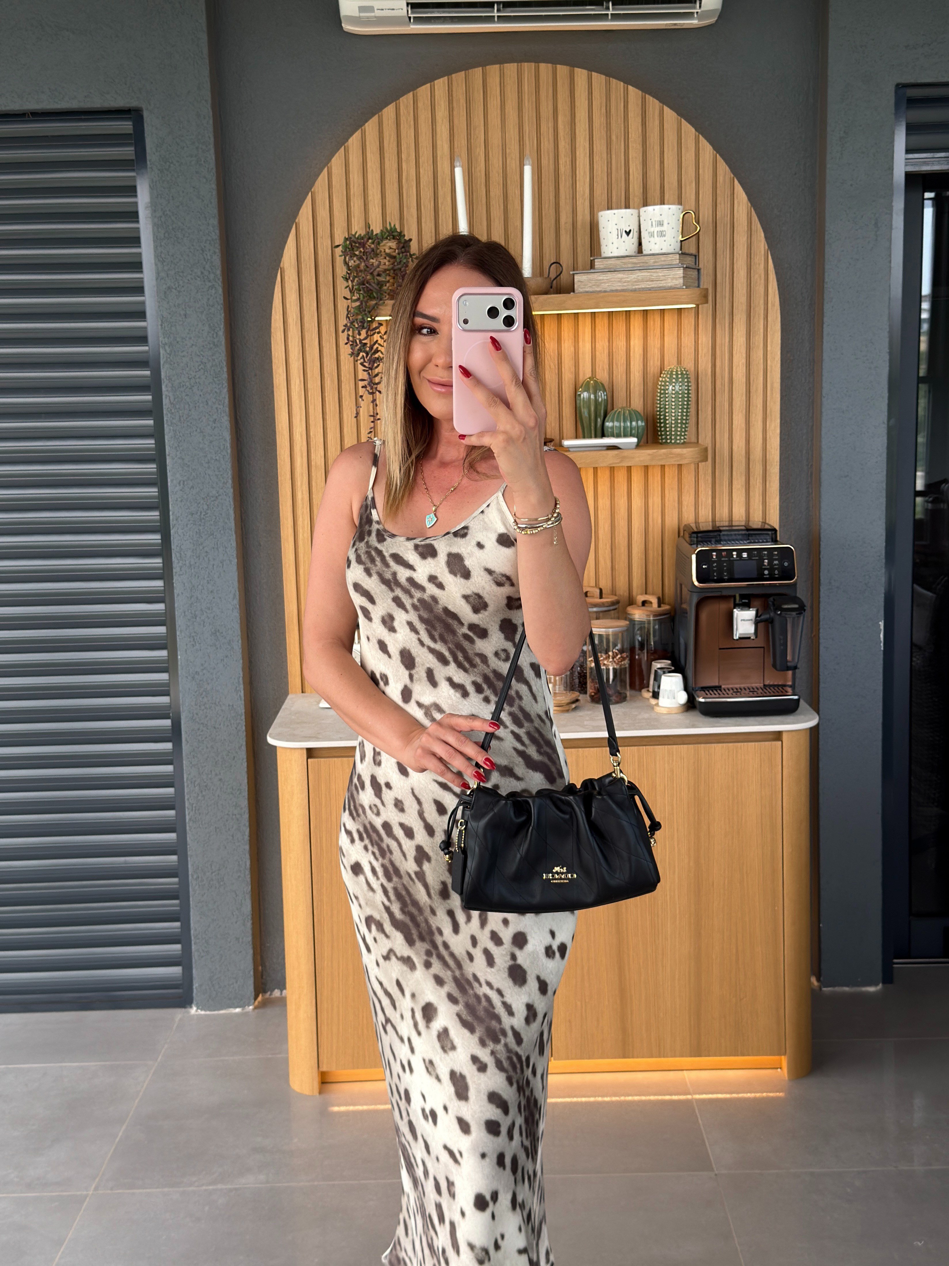 Leopar Desen İp Askılı Elbise BEJ