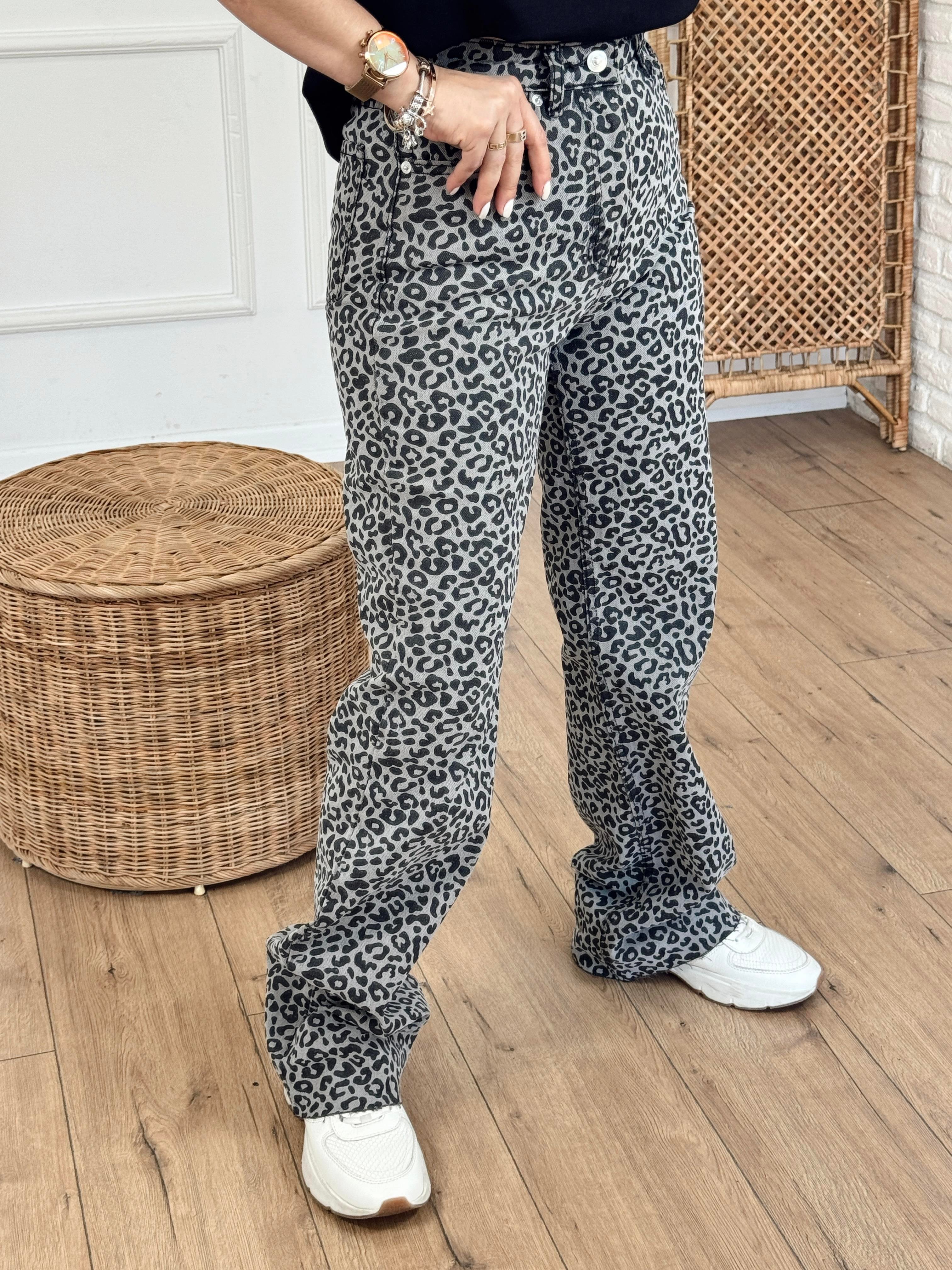 Leopar Desen Palazzo Pantolon GRİ
