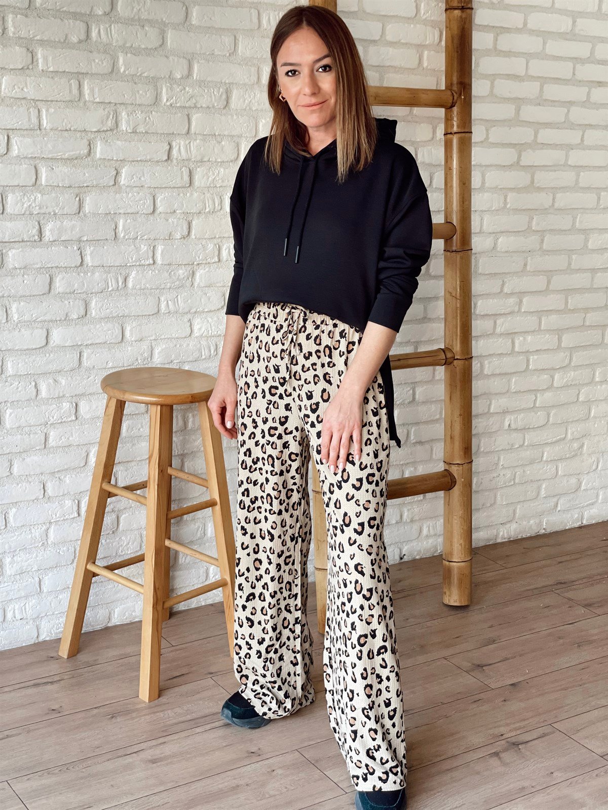 Leopar Desen Pantolon Bej