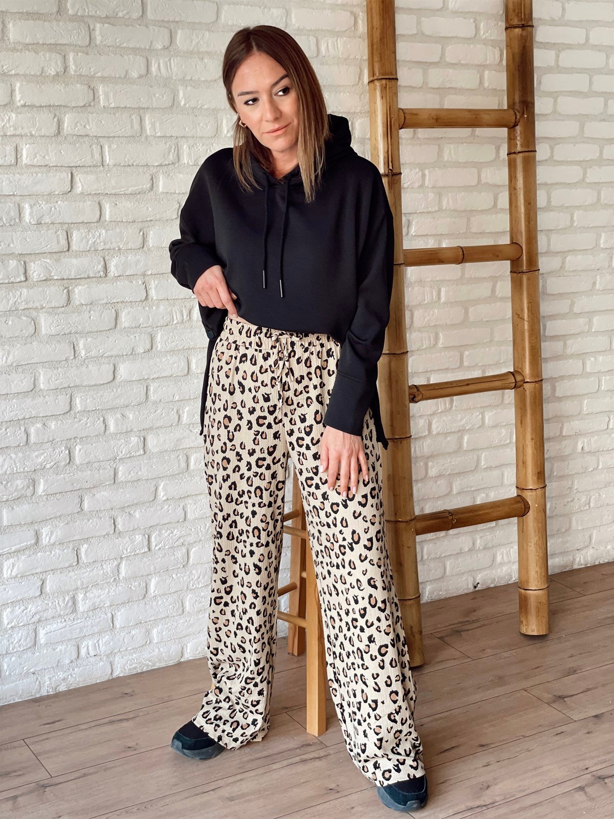 Leopar Desen Pantolon Bej