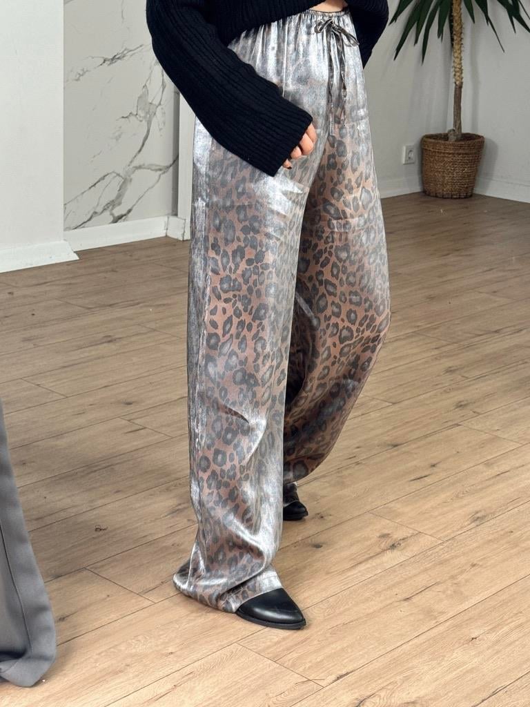 Leopar Desen Parlak Pantolon KAHVE
