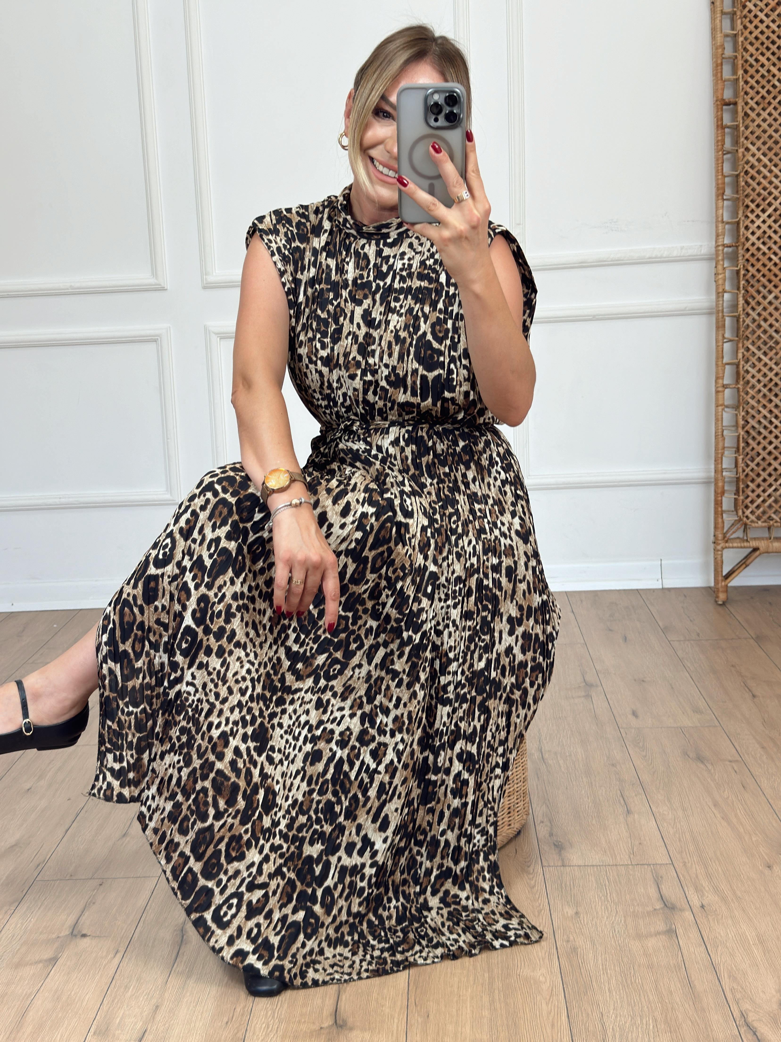 Leopar Desen Piliseli Elbise KAHVE