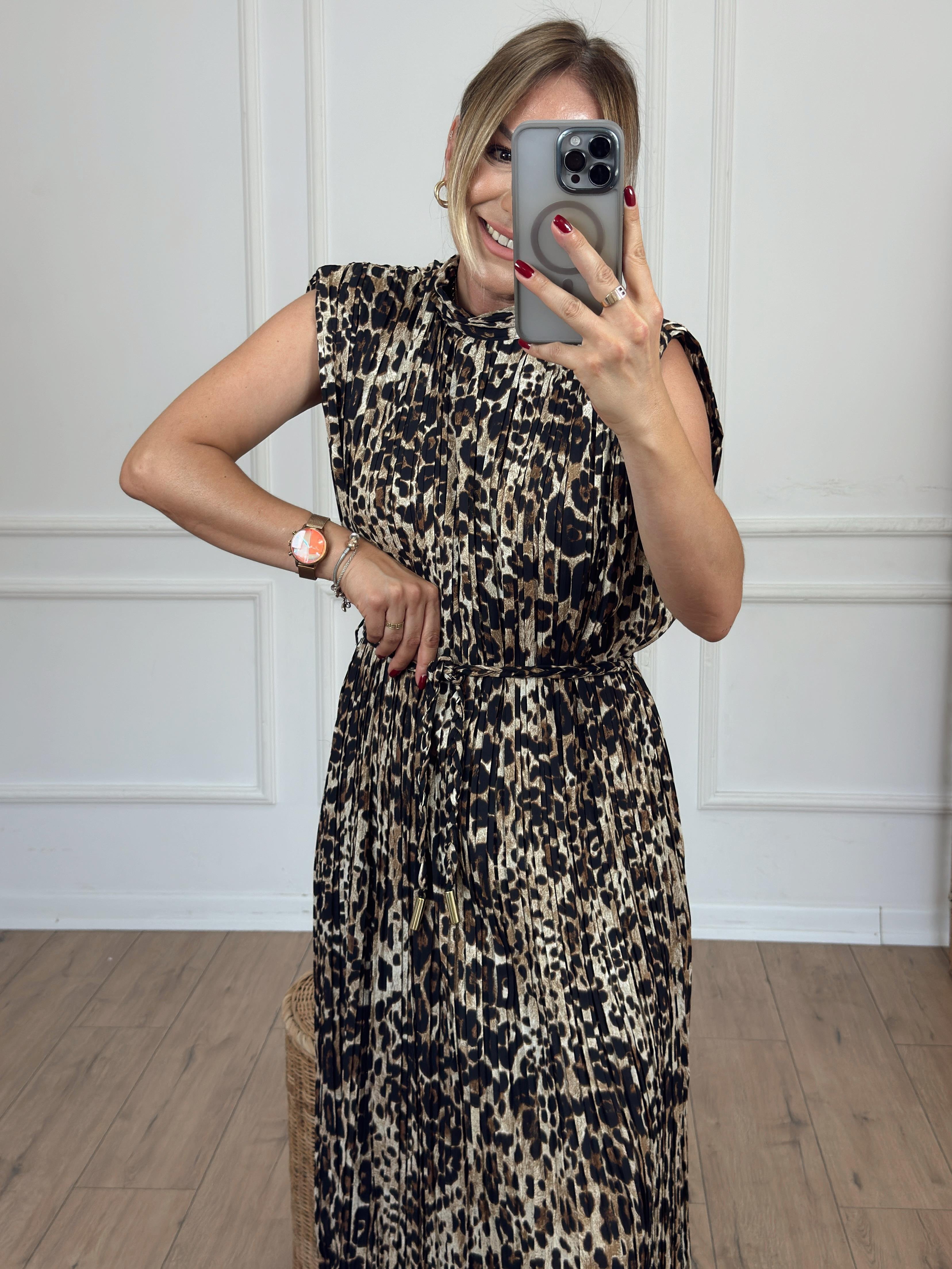 Leopar Desen Piliseli Elbise KAHVE