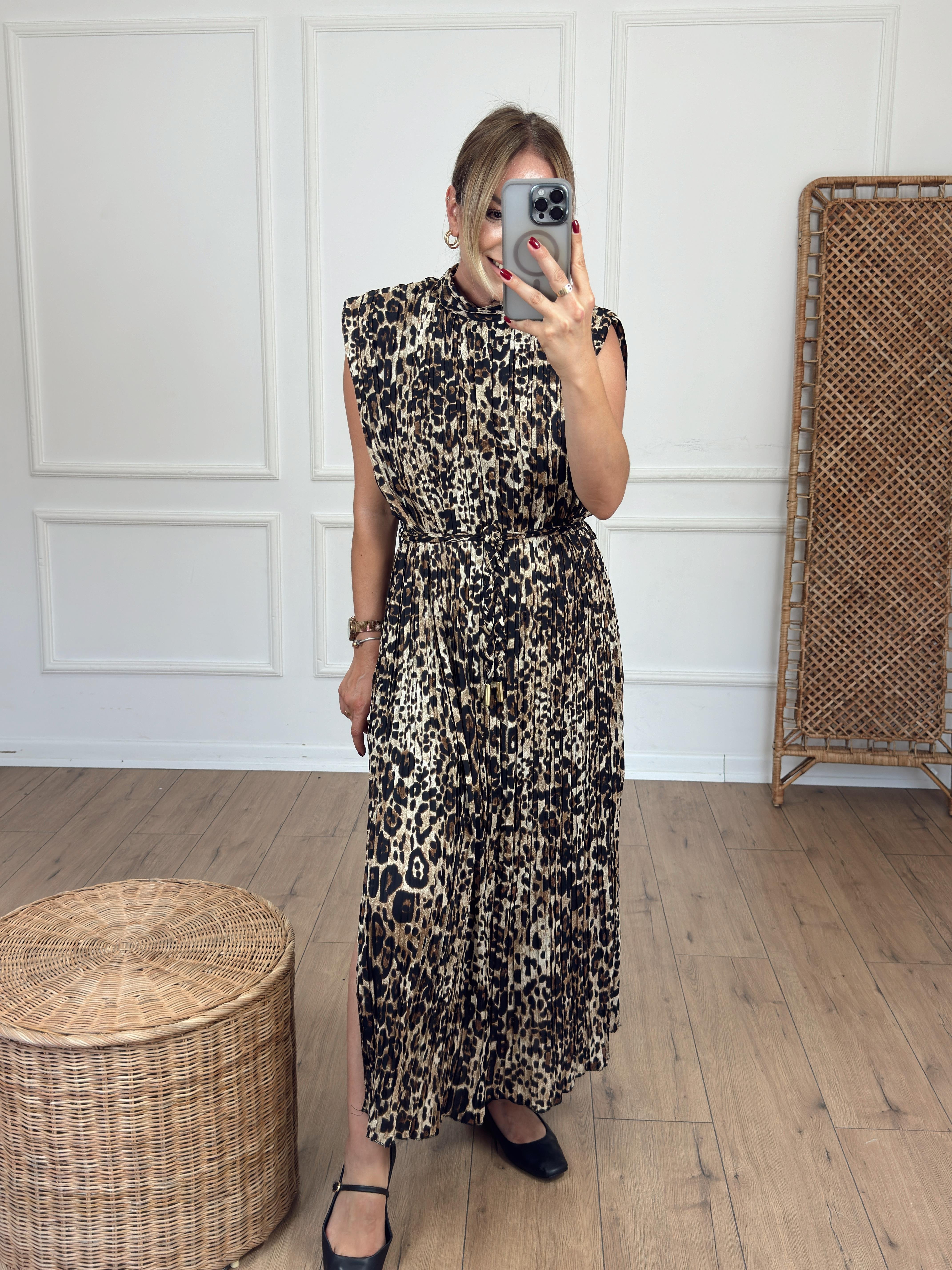 Leopar Desen Piliseli Elbise KAHVE