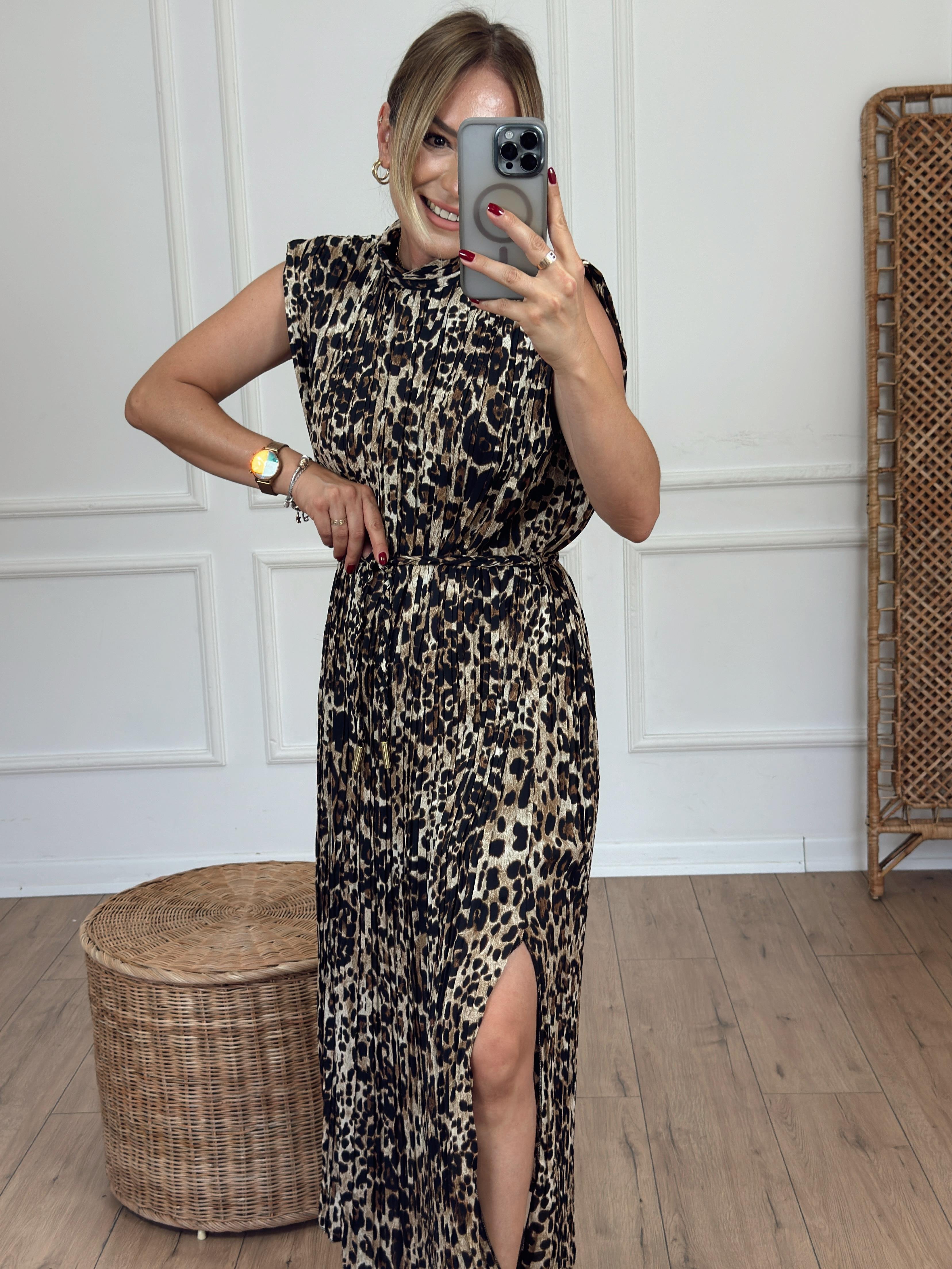 Leopar Desen Piliseli Elbise KAHVE