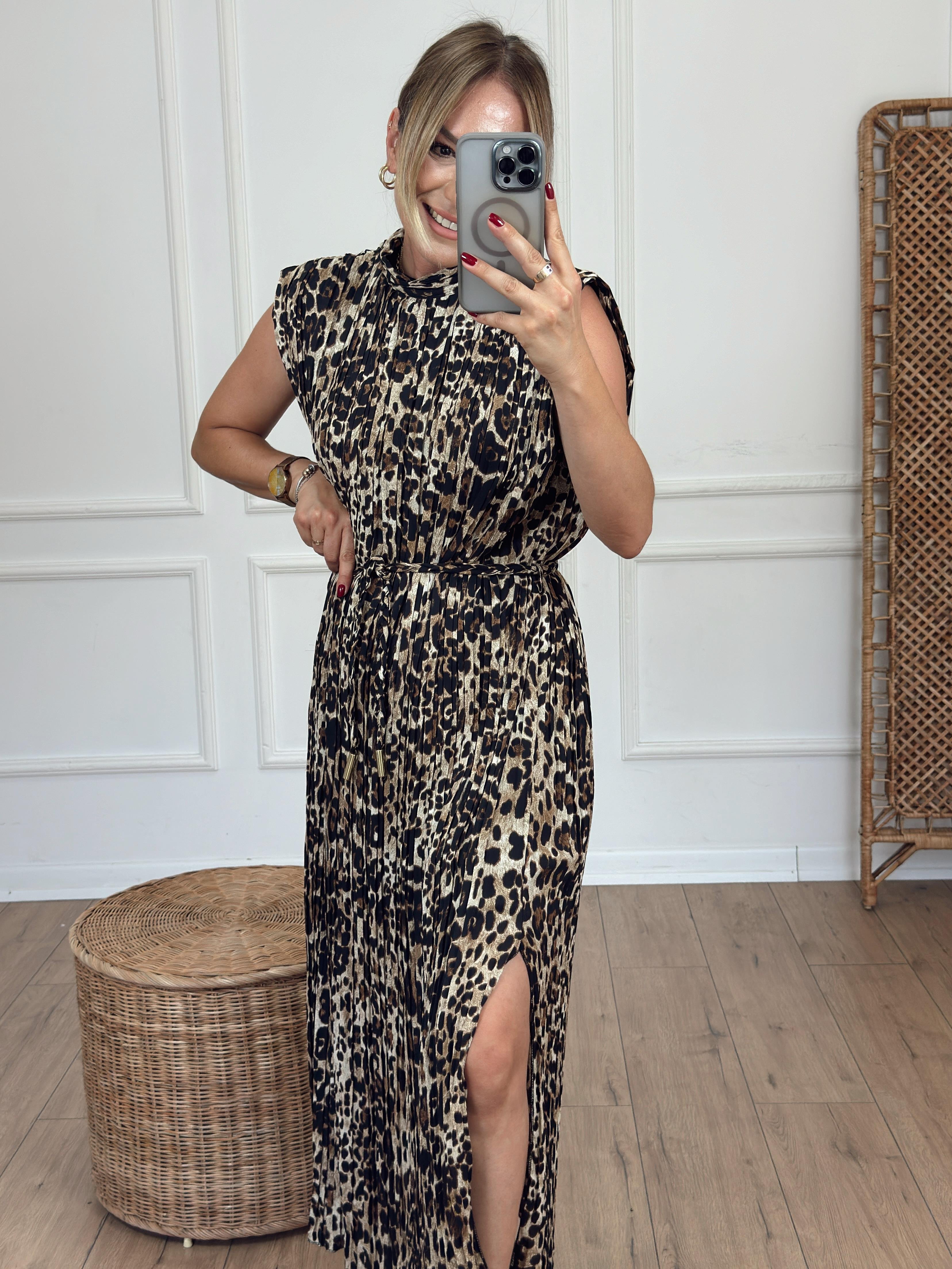 Leopar Desen Piliseli Elbise KAHVE