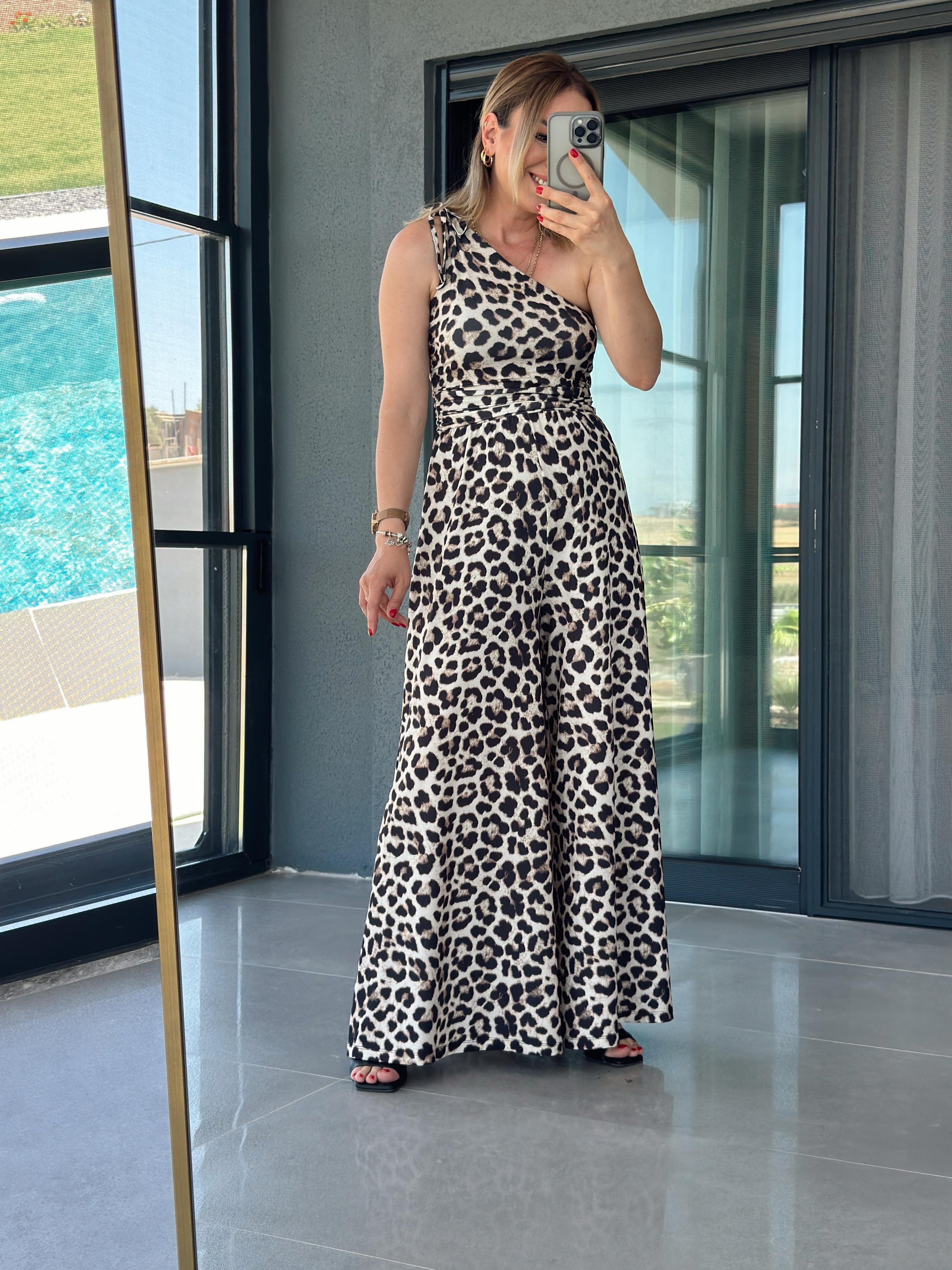 Leopar Desen Tek Omuz Tulum KAHVE