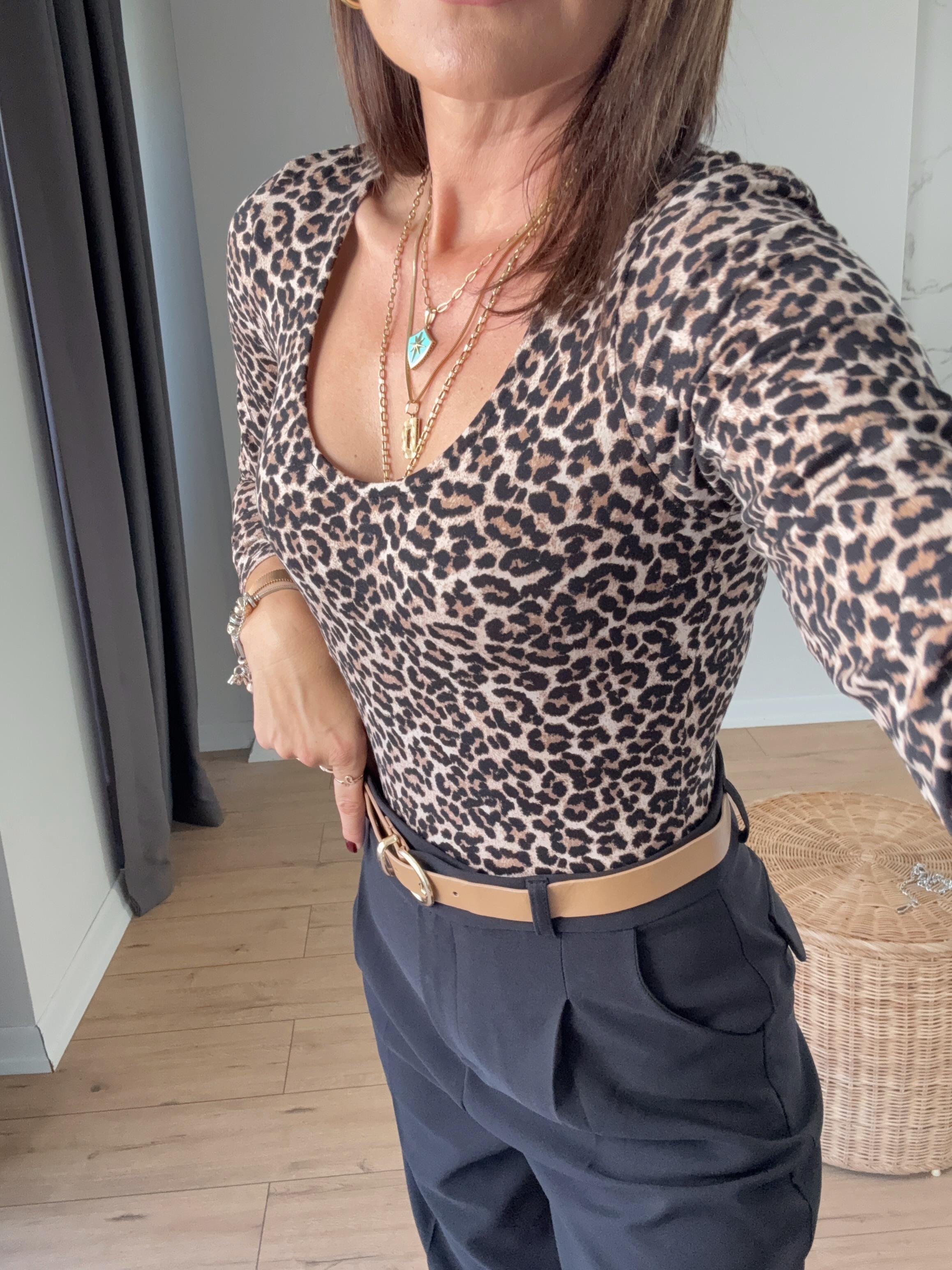 Leopar Desen Uzun Kollu Bodysuit KAHVE