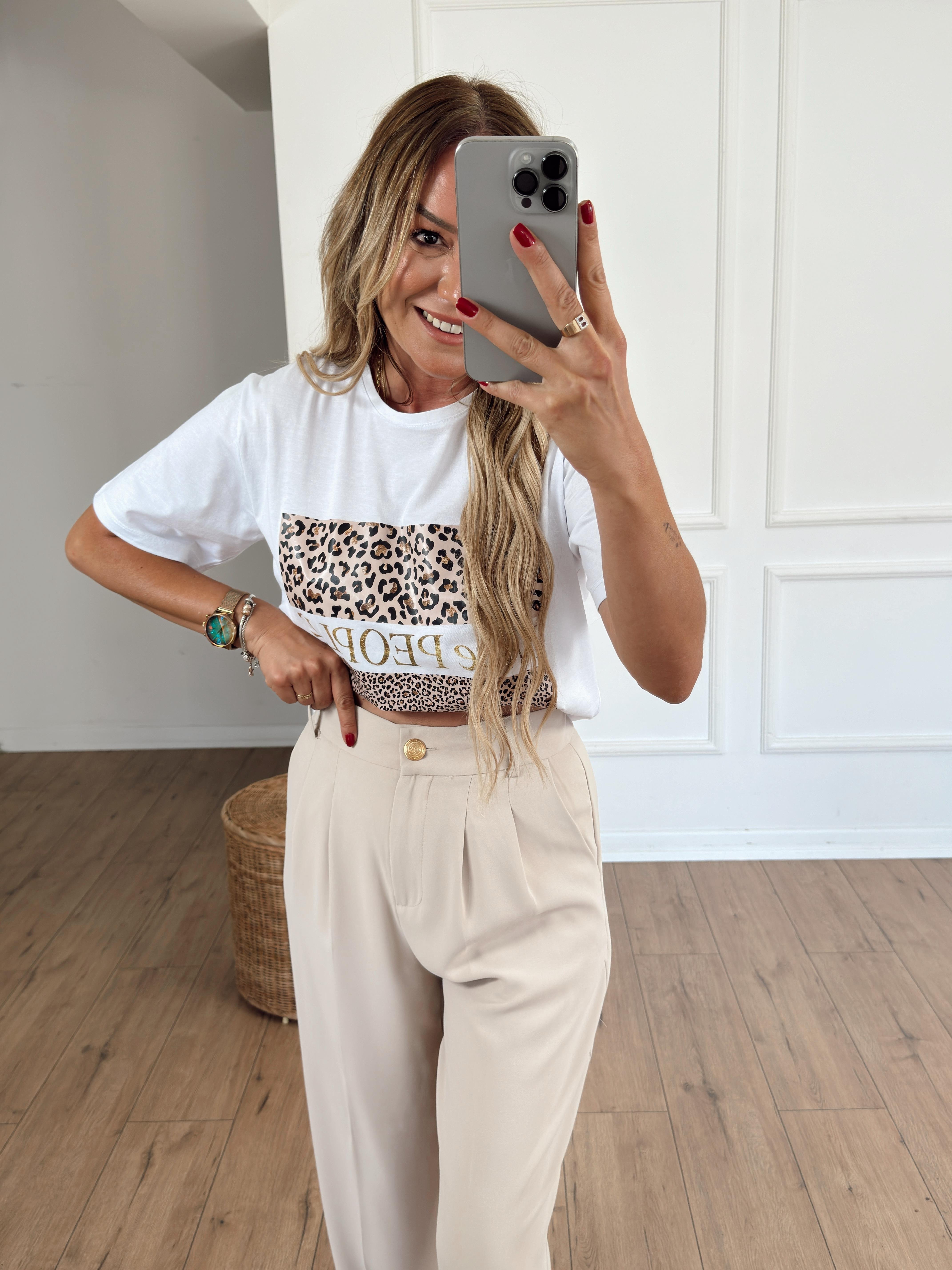 Leopar Desenli Nice Baskılı Tshirt BEYAZ
