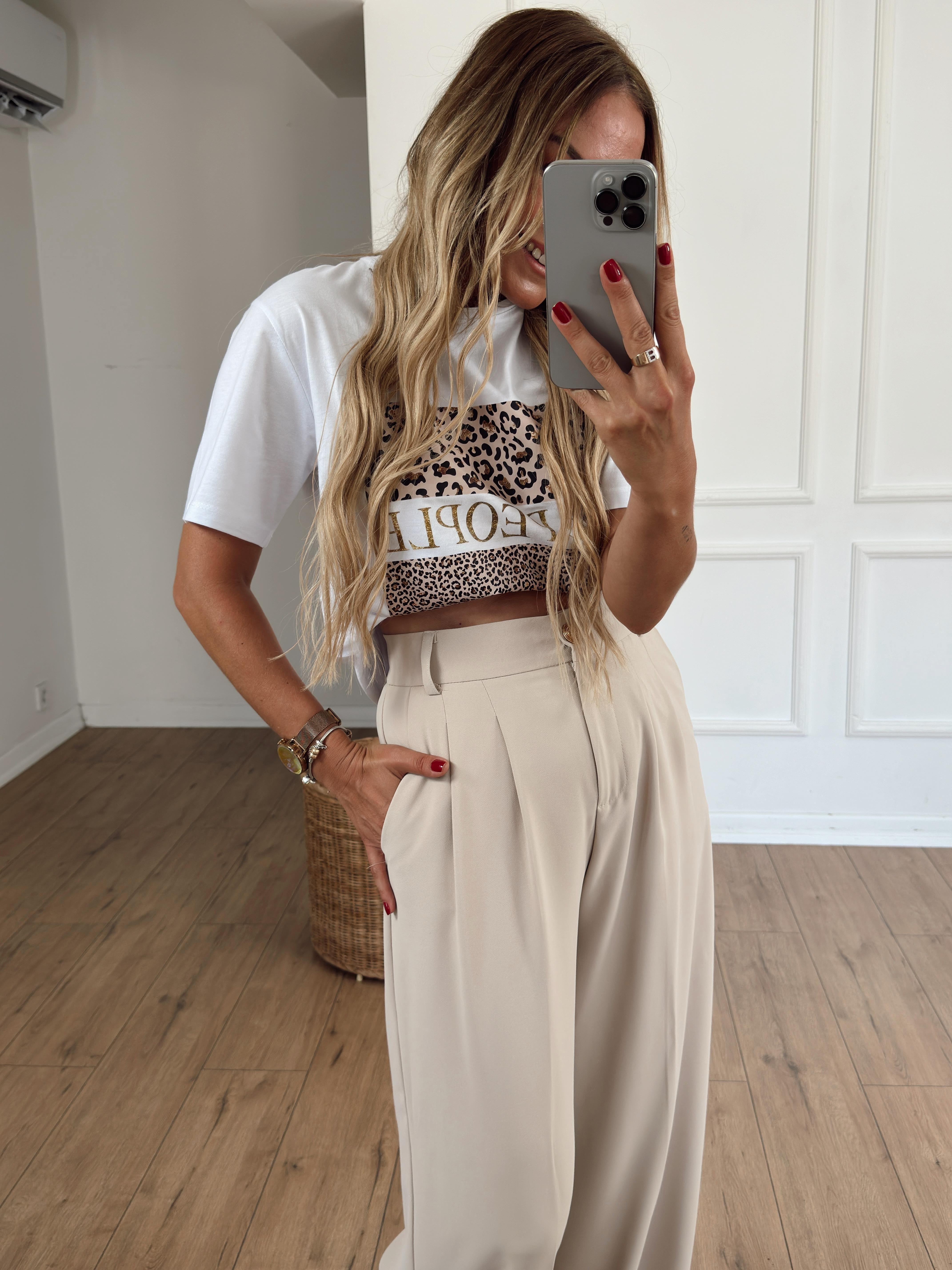 Leopar Desenli Nice Baskılı Tshirt BEYAZ