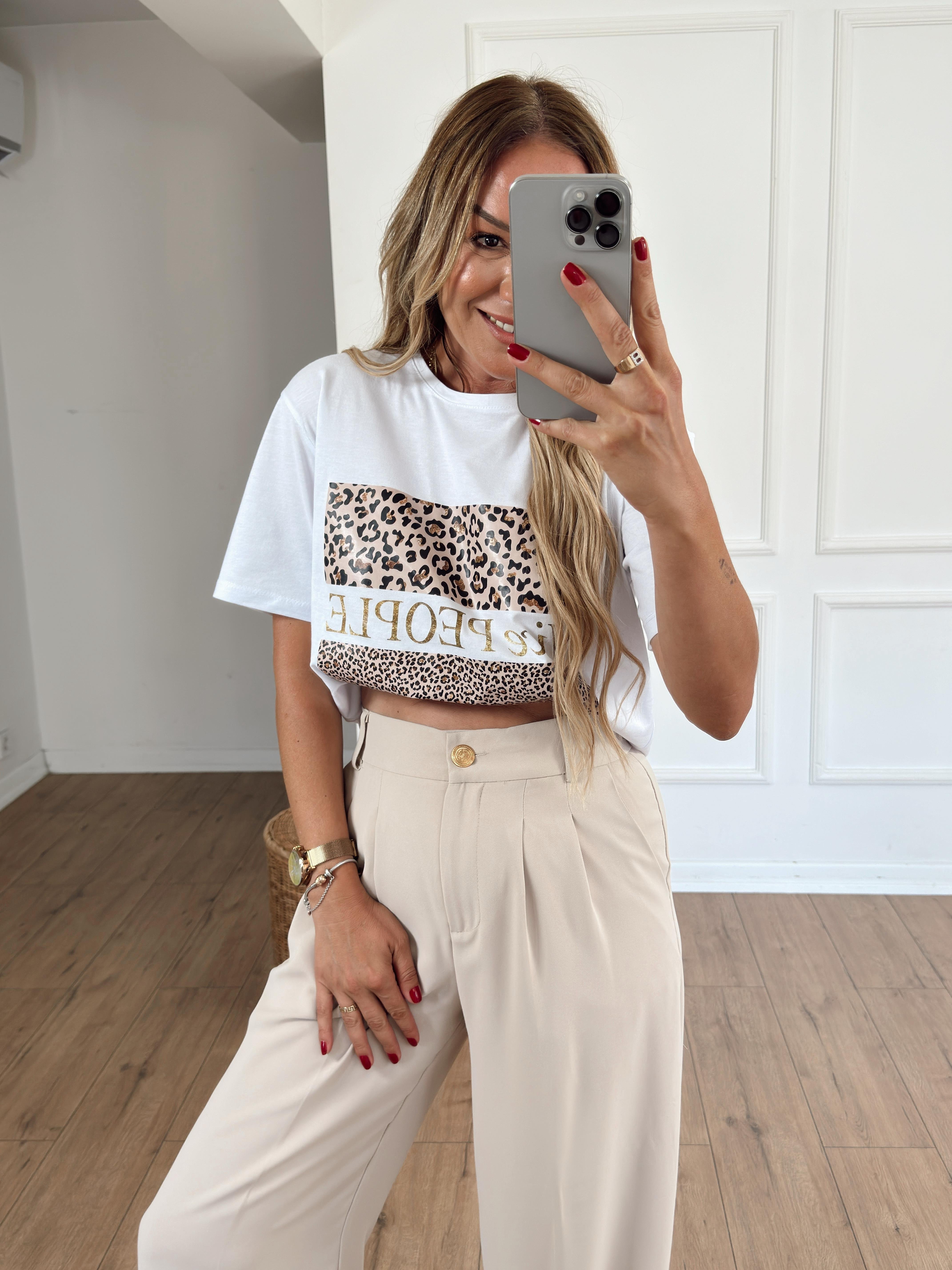 Leopar Desenli Nice Baskılı Tshirt BEYAZ