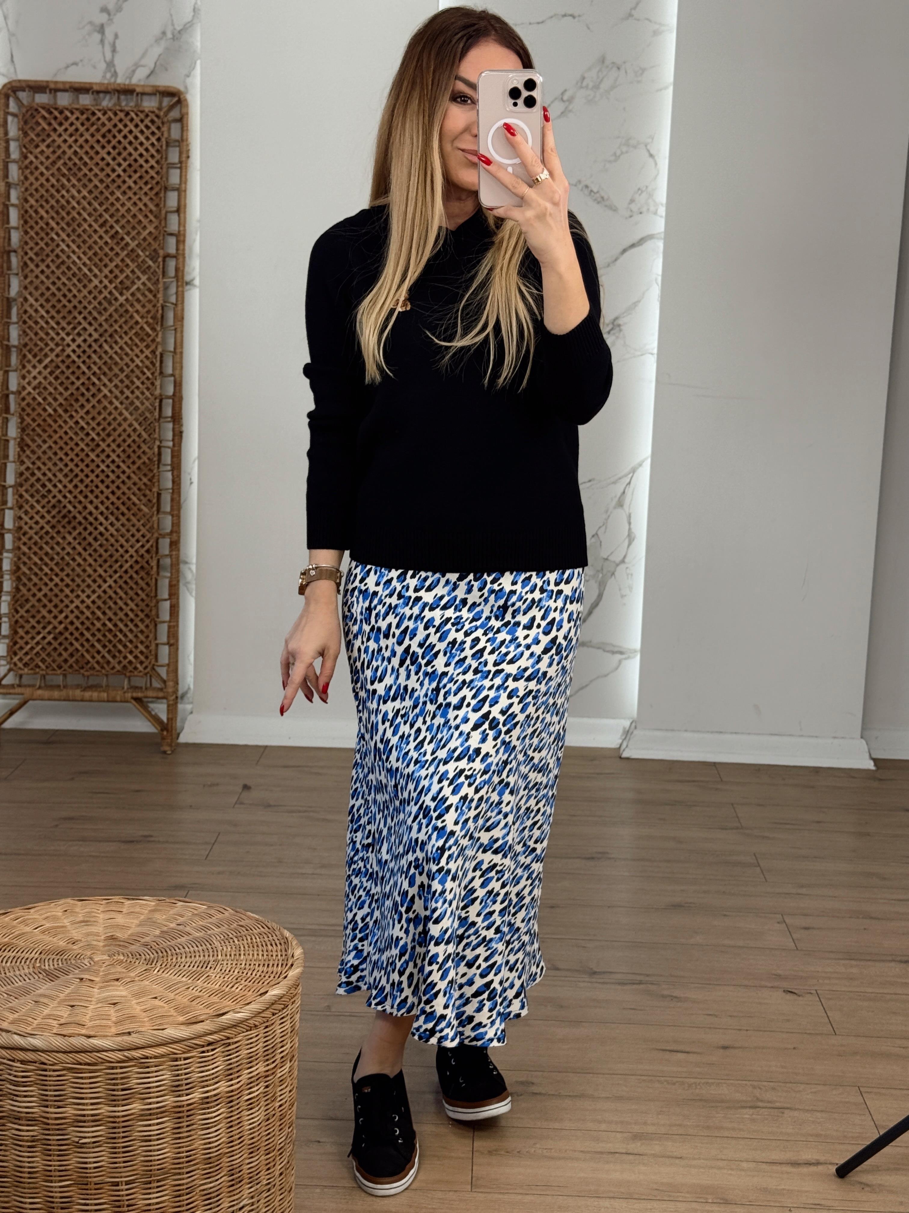 Leopar Desenli Saten Etek MAVİ