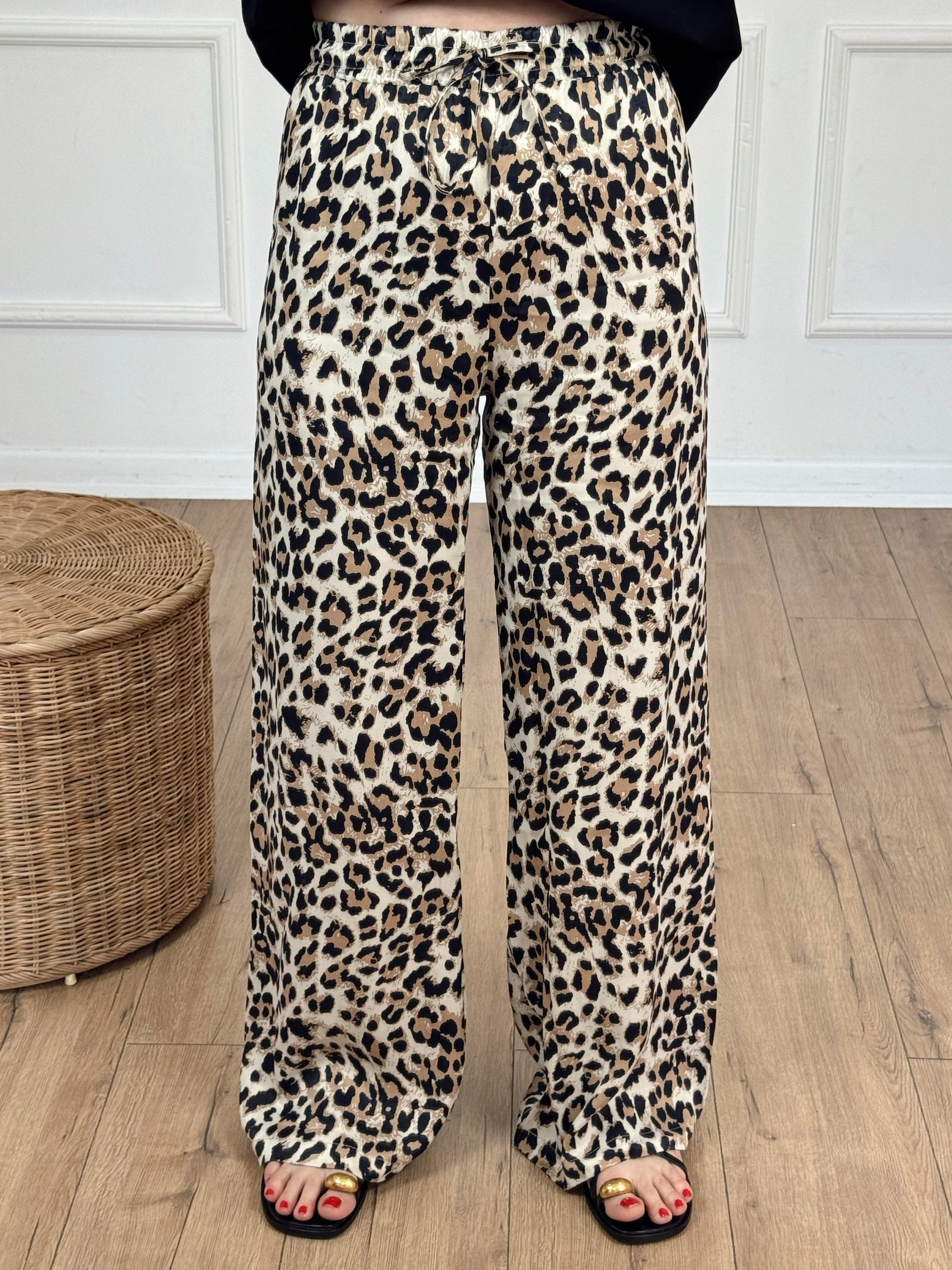 Leopar Desenli Saten Pantolon BEJ