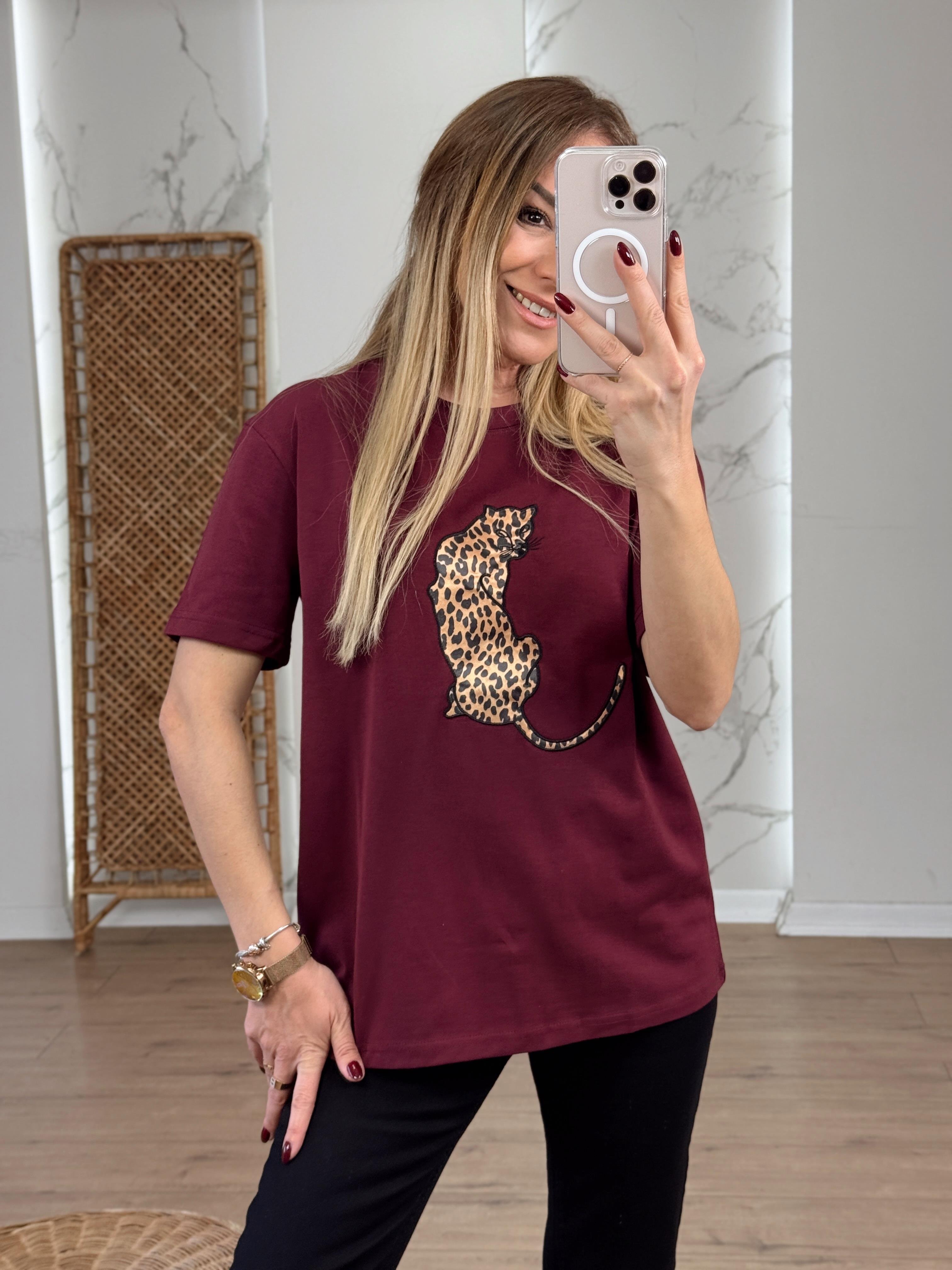 Leopar Nakışlı Tshirt BORDO