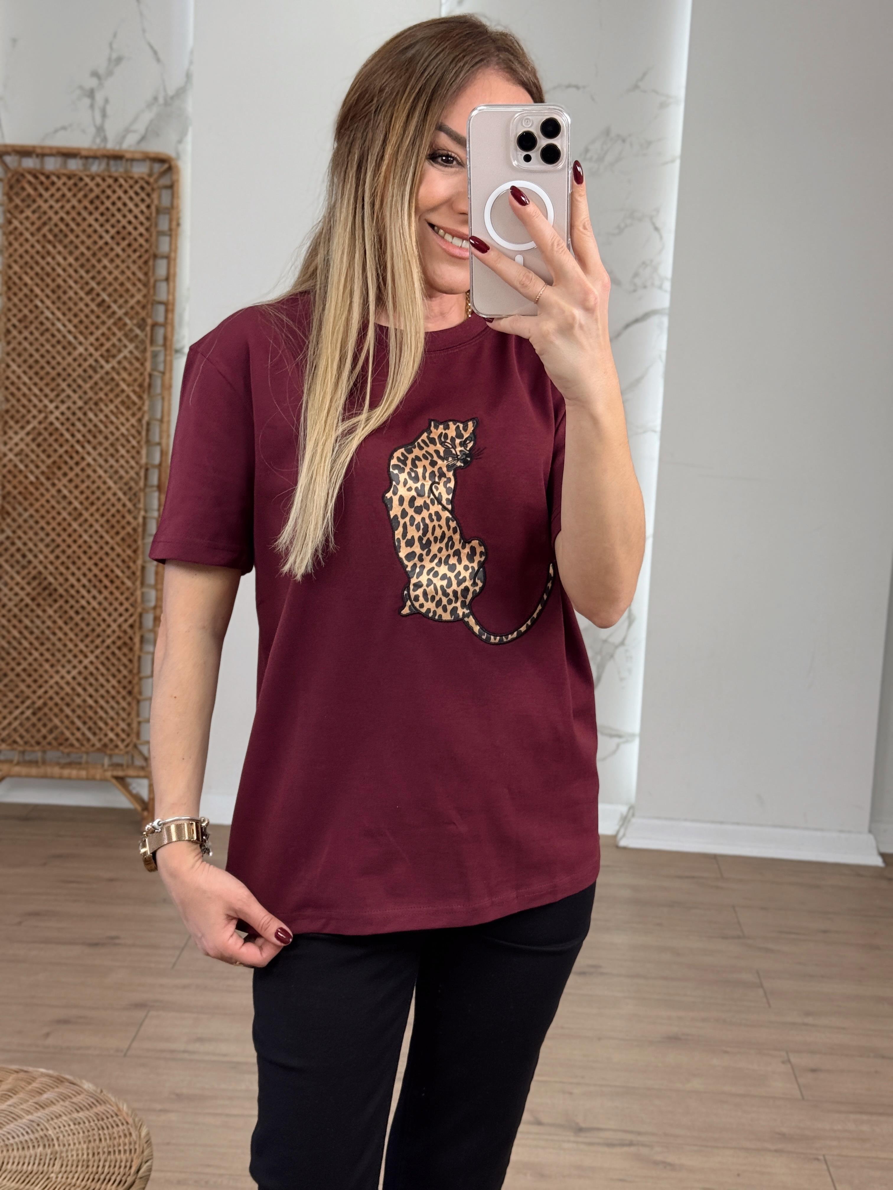 Leopar Nakışlı Tshirt BORDO