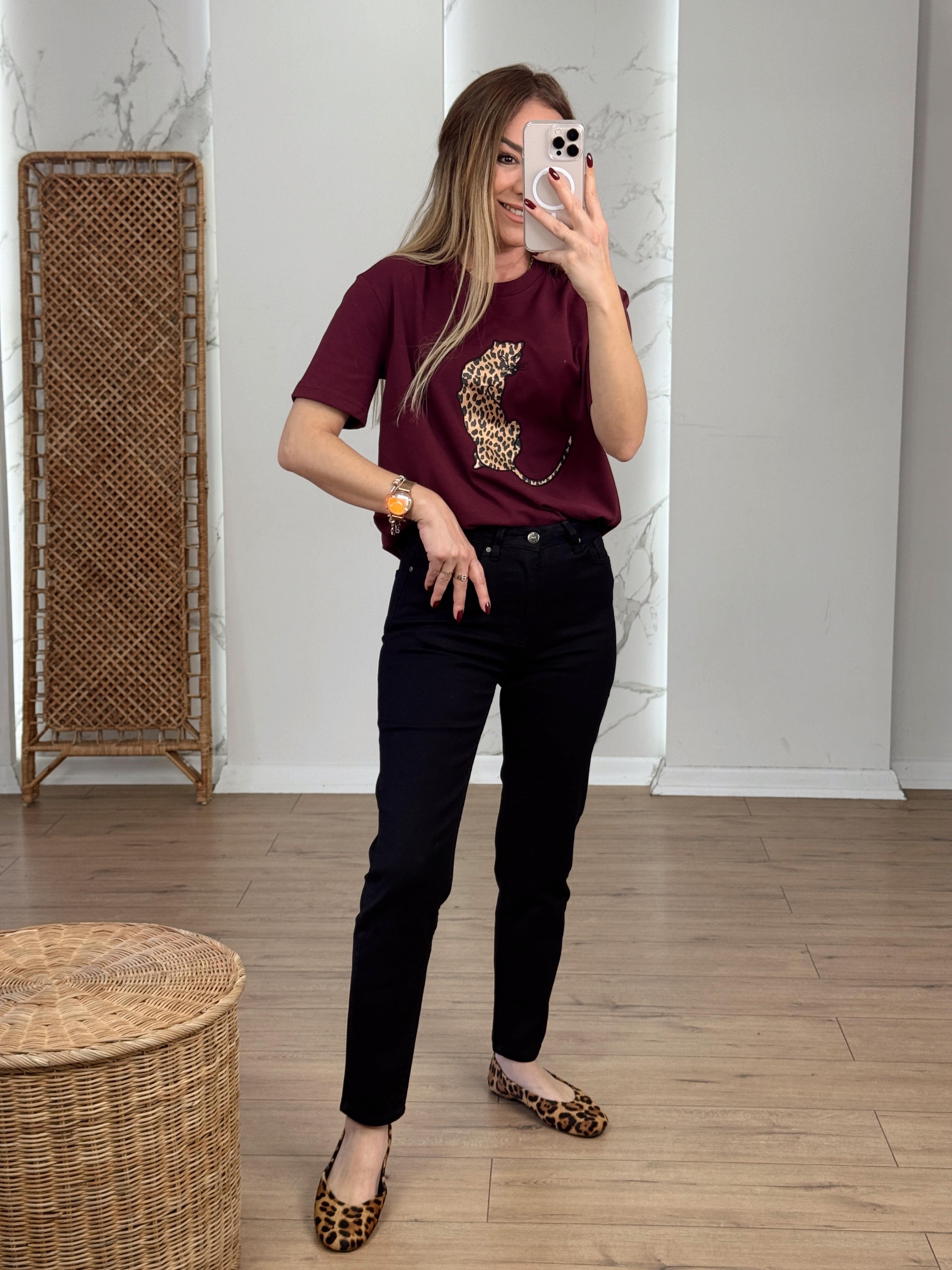 Leopar Nakışlı Tshirt BORDO