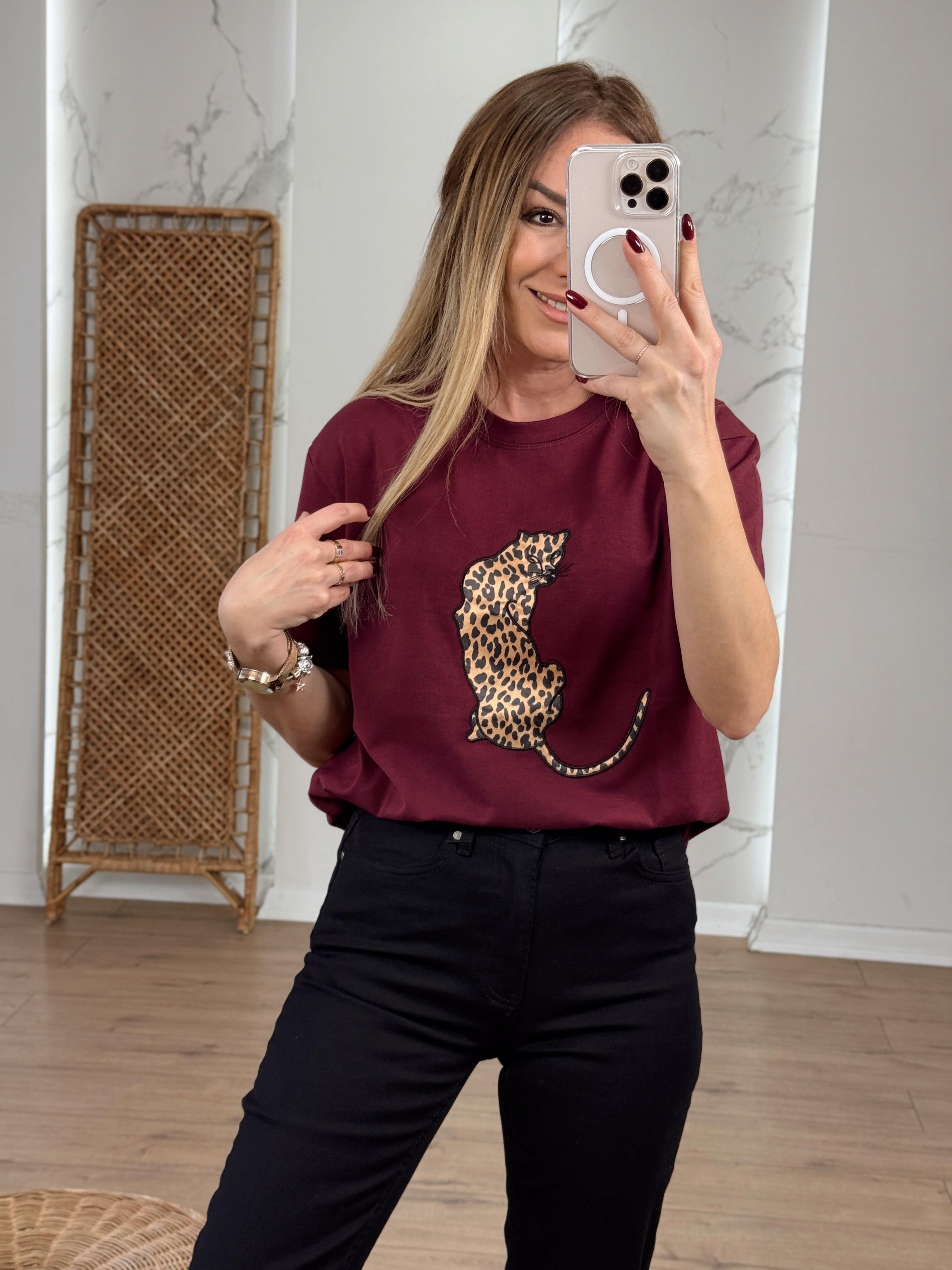 Leopar Nakışlı Tshirt BORDO