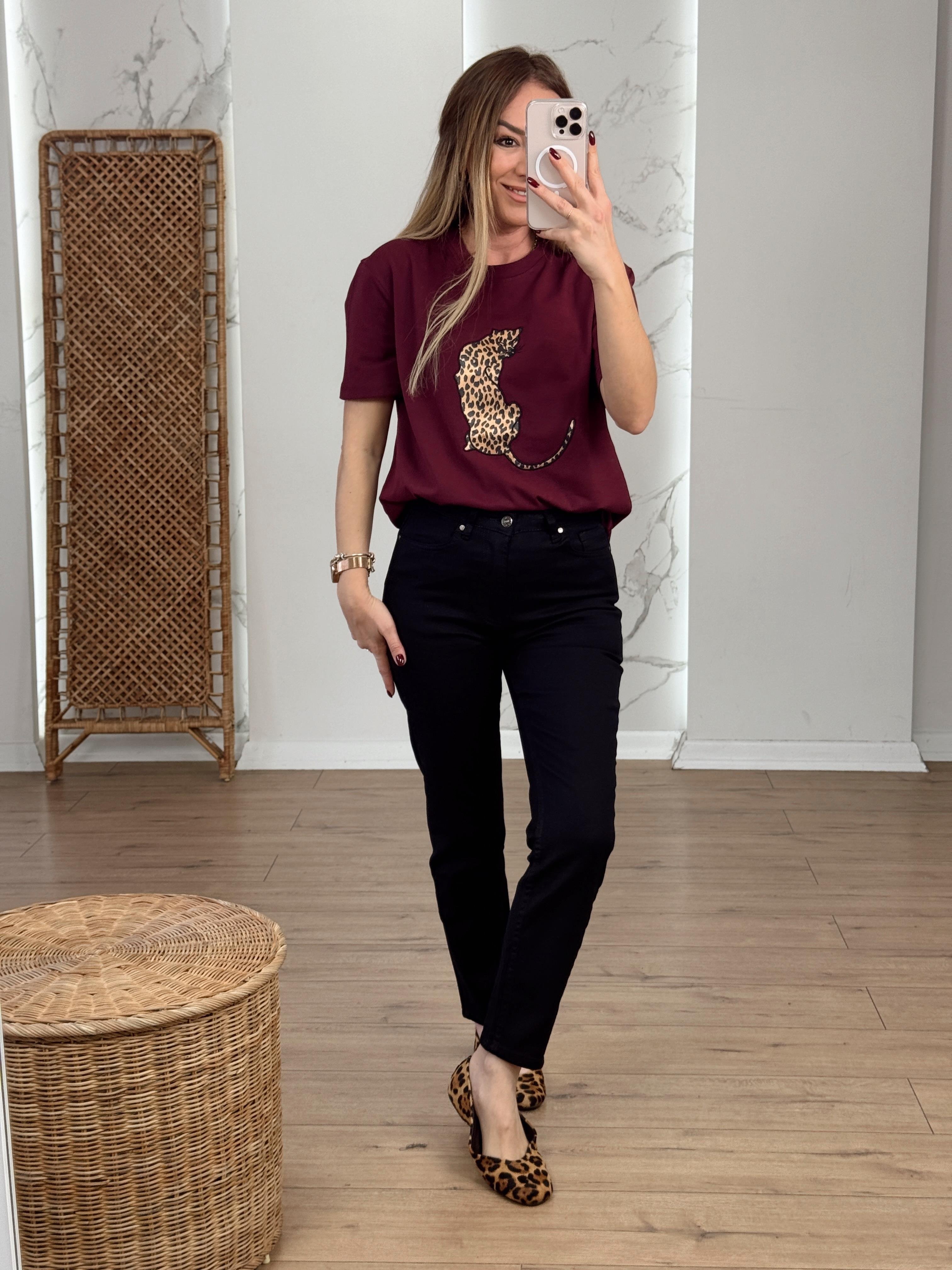 Leopar Nakışlı Tshirt BORDO