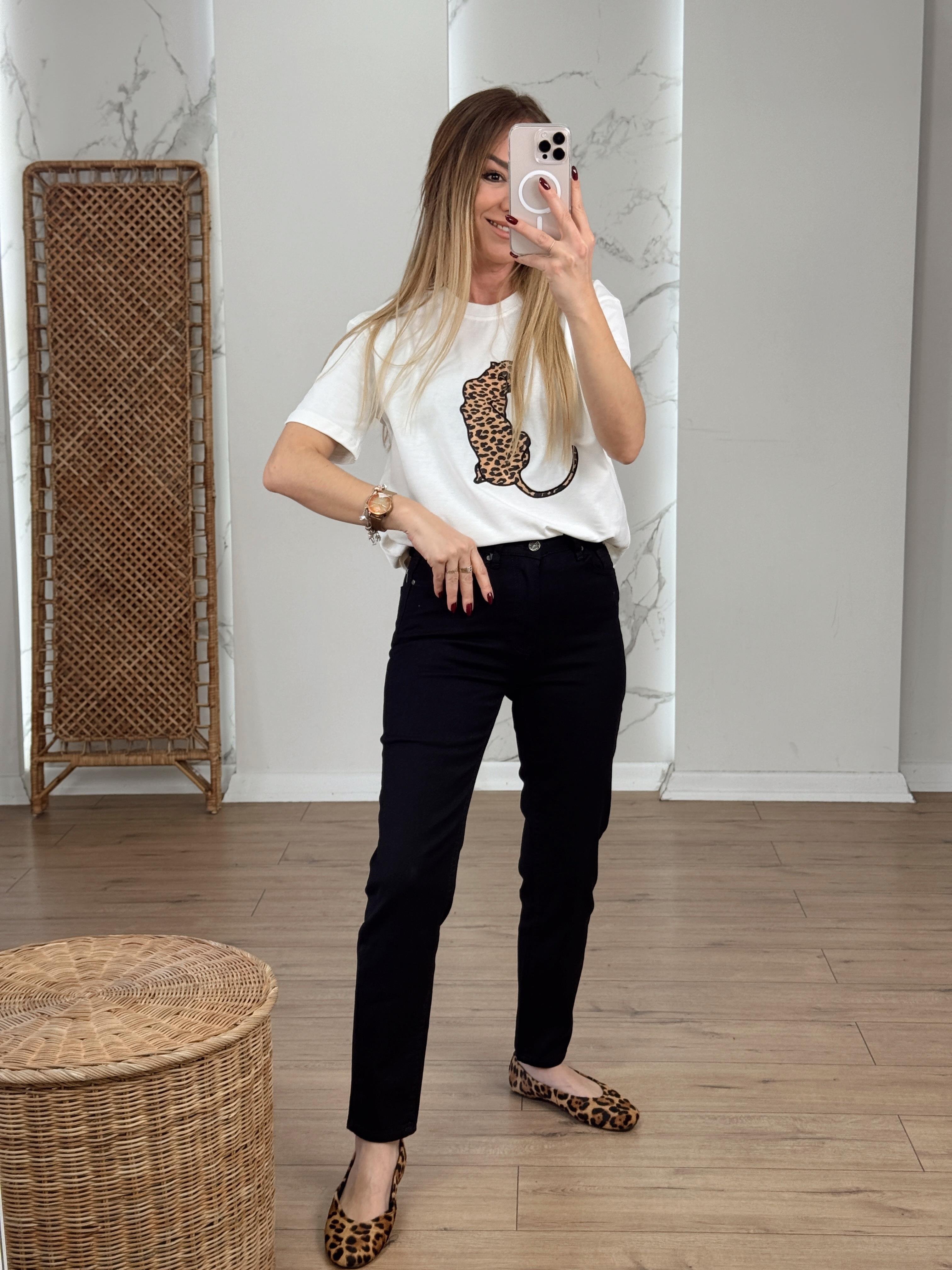 Leopar Nakışlı Tshirt EKRU