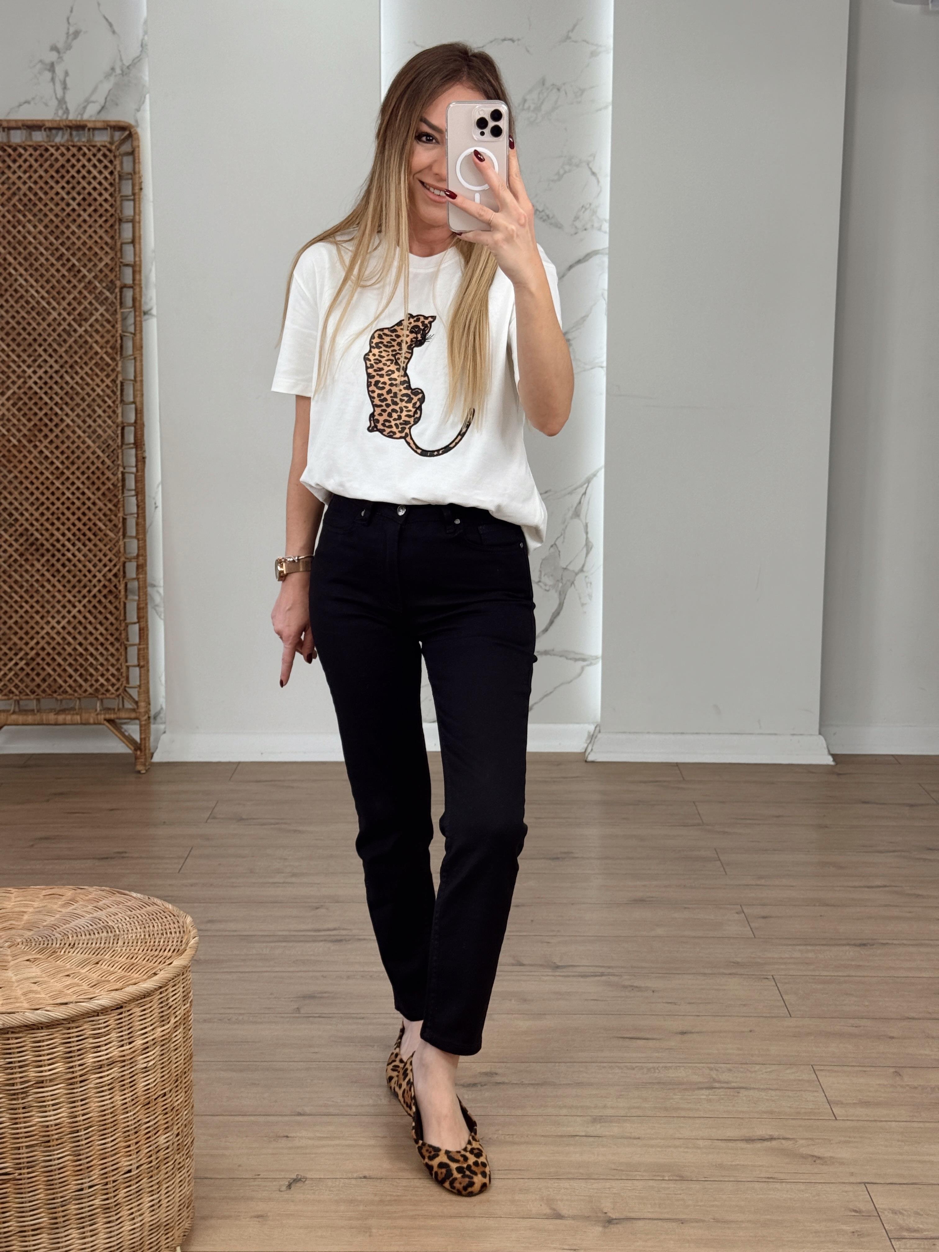 Leopar Nakışlı Tshirt EKRU
