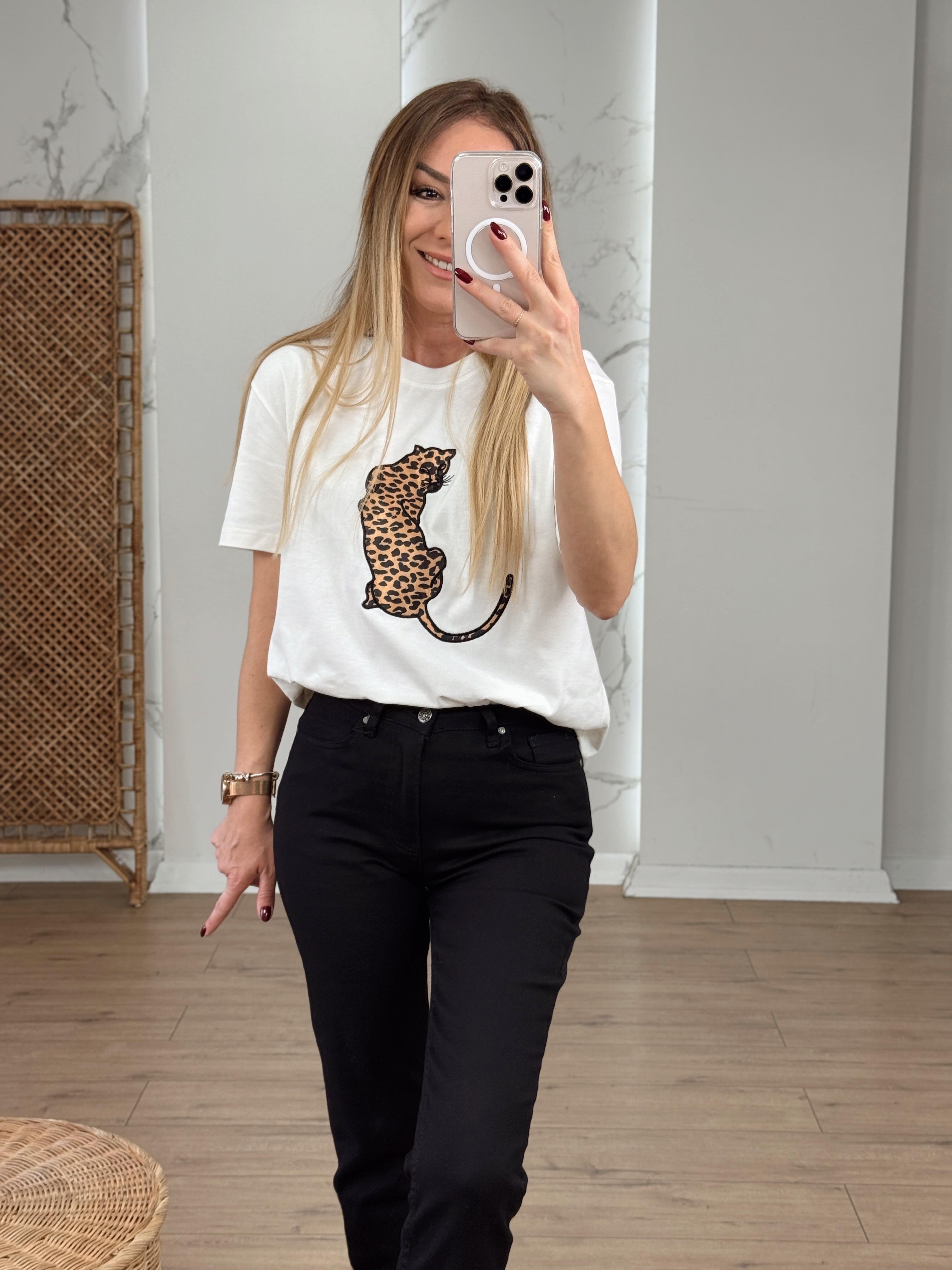 Leopar Nakışlı Tshirt EKRU