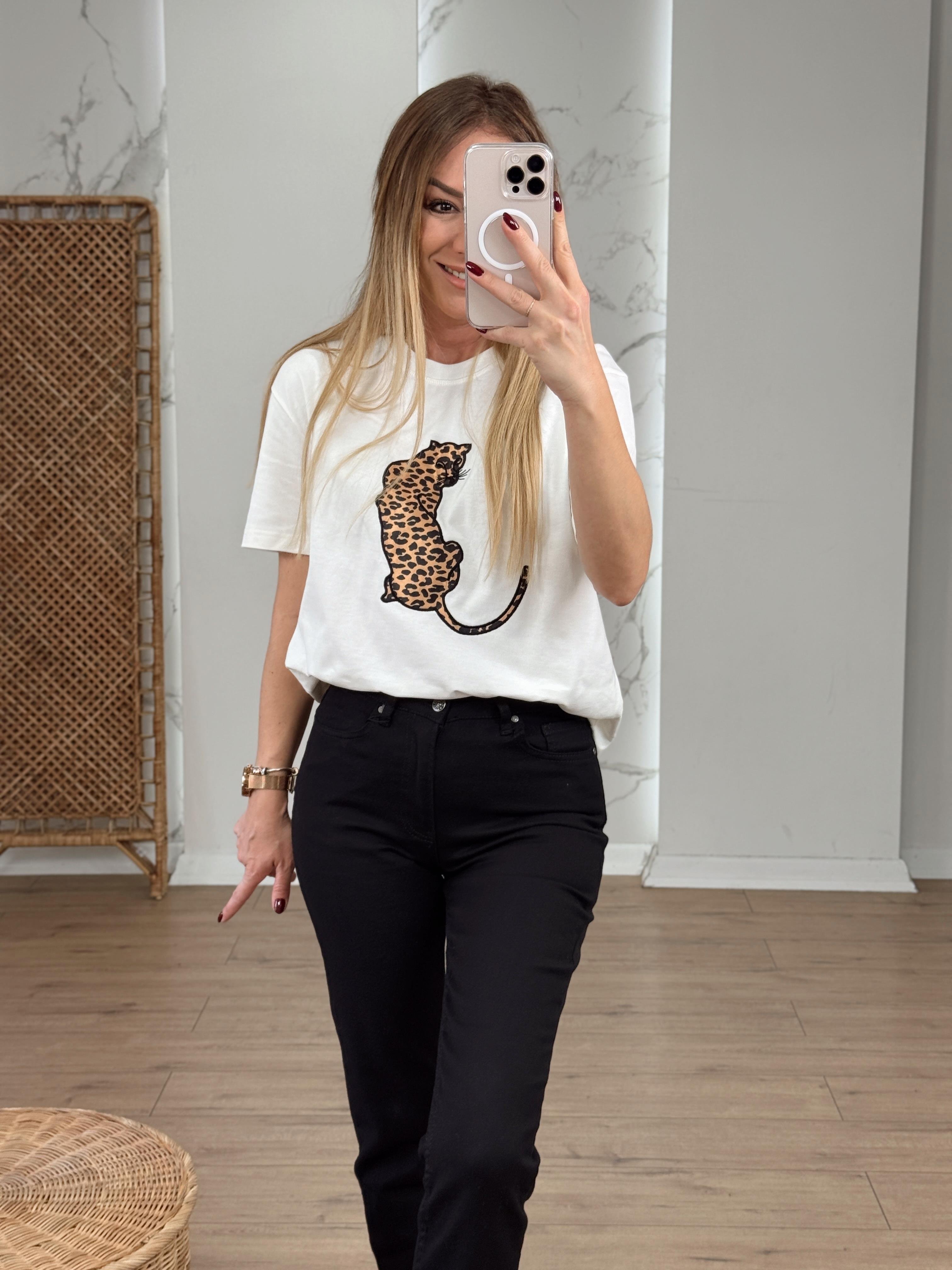 Leopar Nakışlı Tshirt EKRU