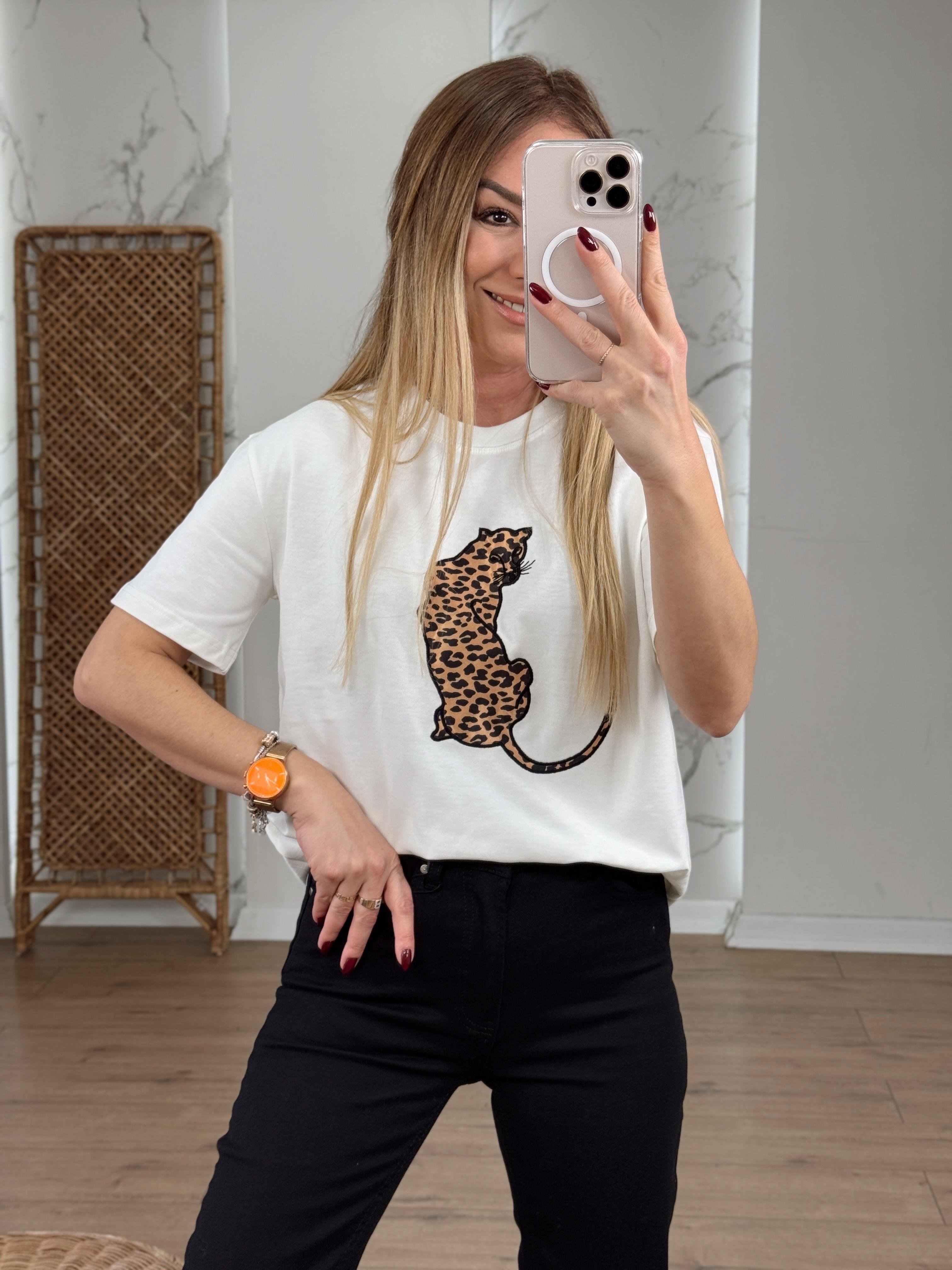 Leopar Nakışlı Tshirt EKRU