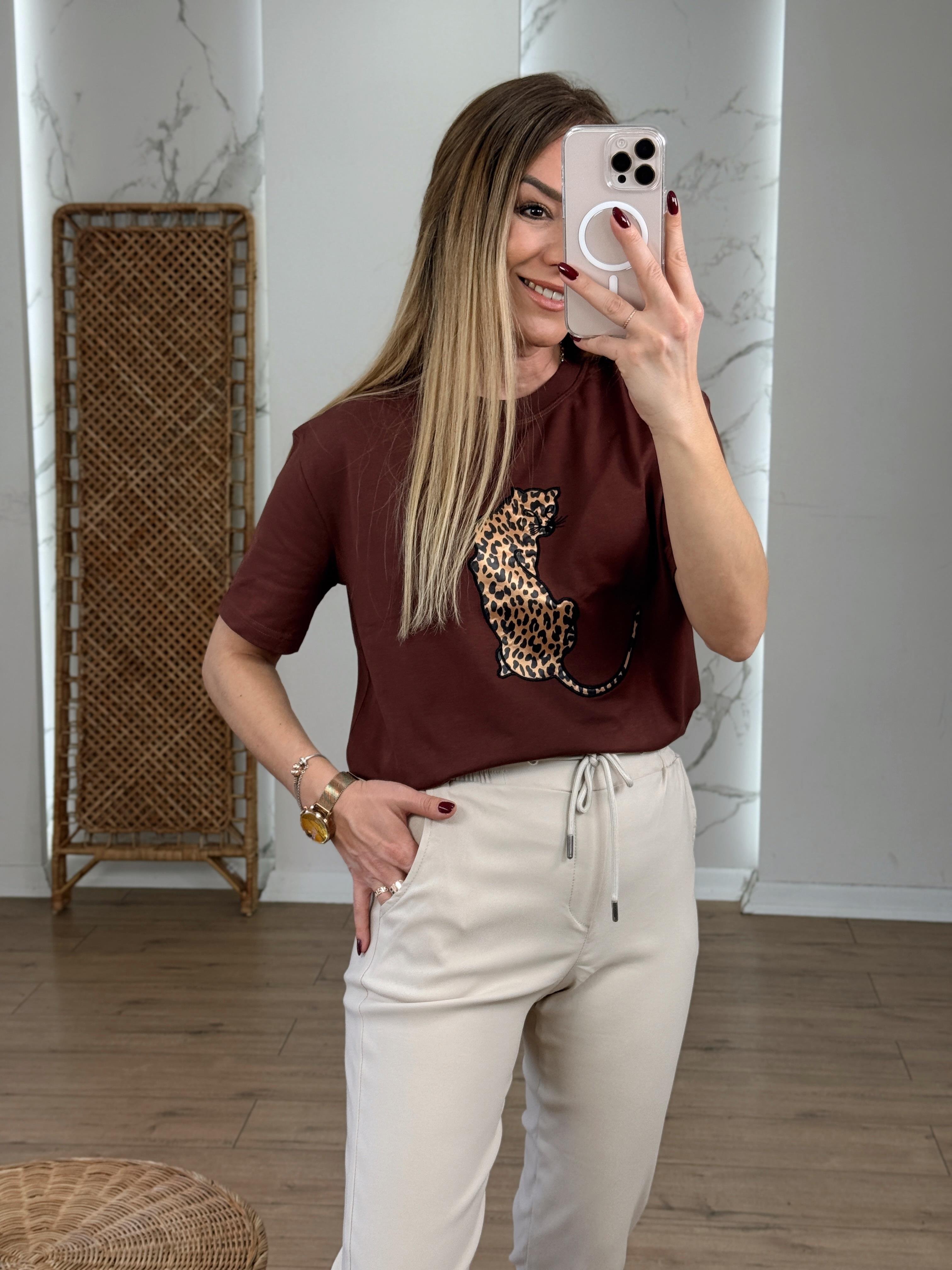 Leopar Nakışlı Tshirt KAHVE