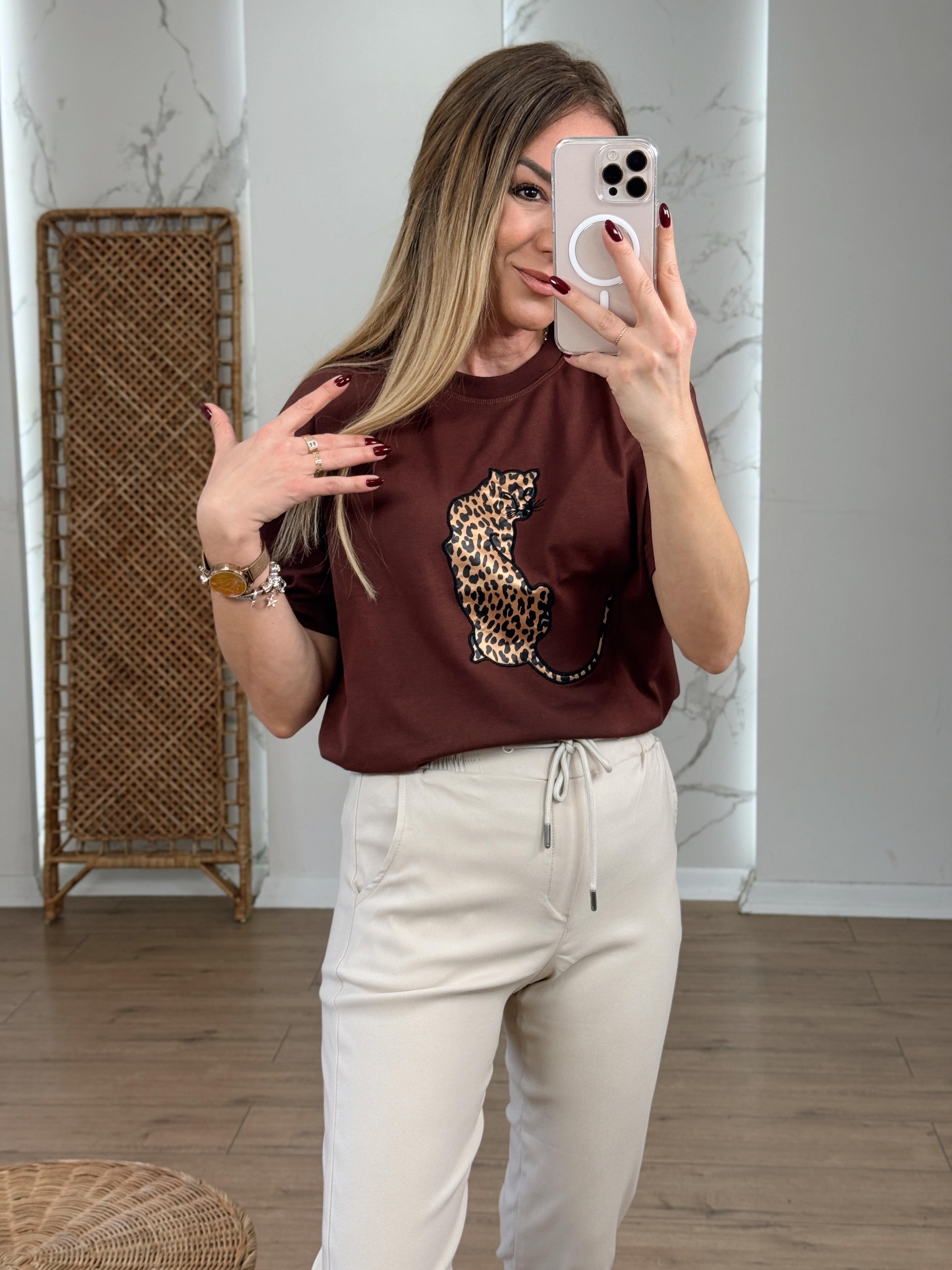 Leopar Nakışlı Tshirt KAHVE