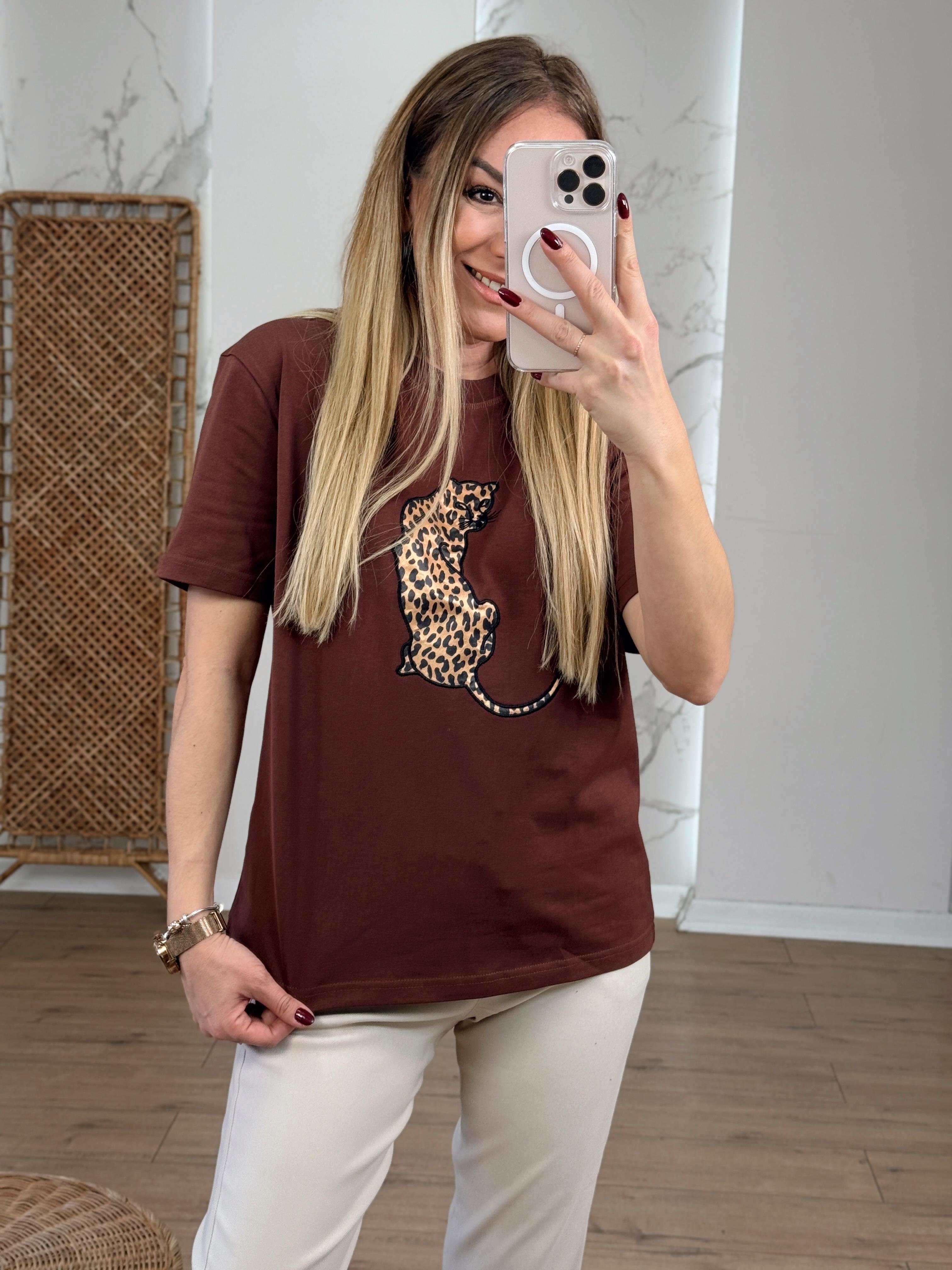 Leopar Nakışlı Tshirt KAHVE