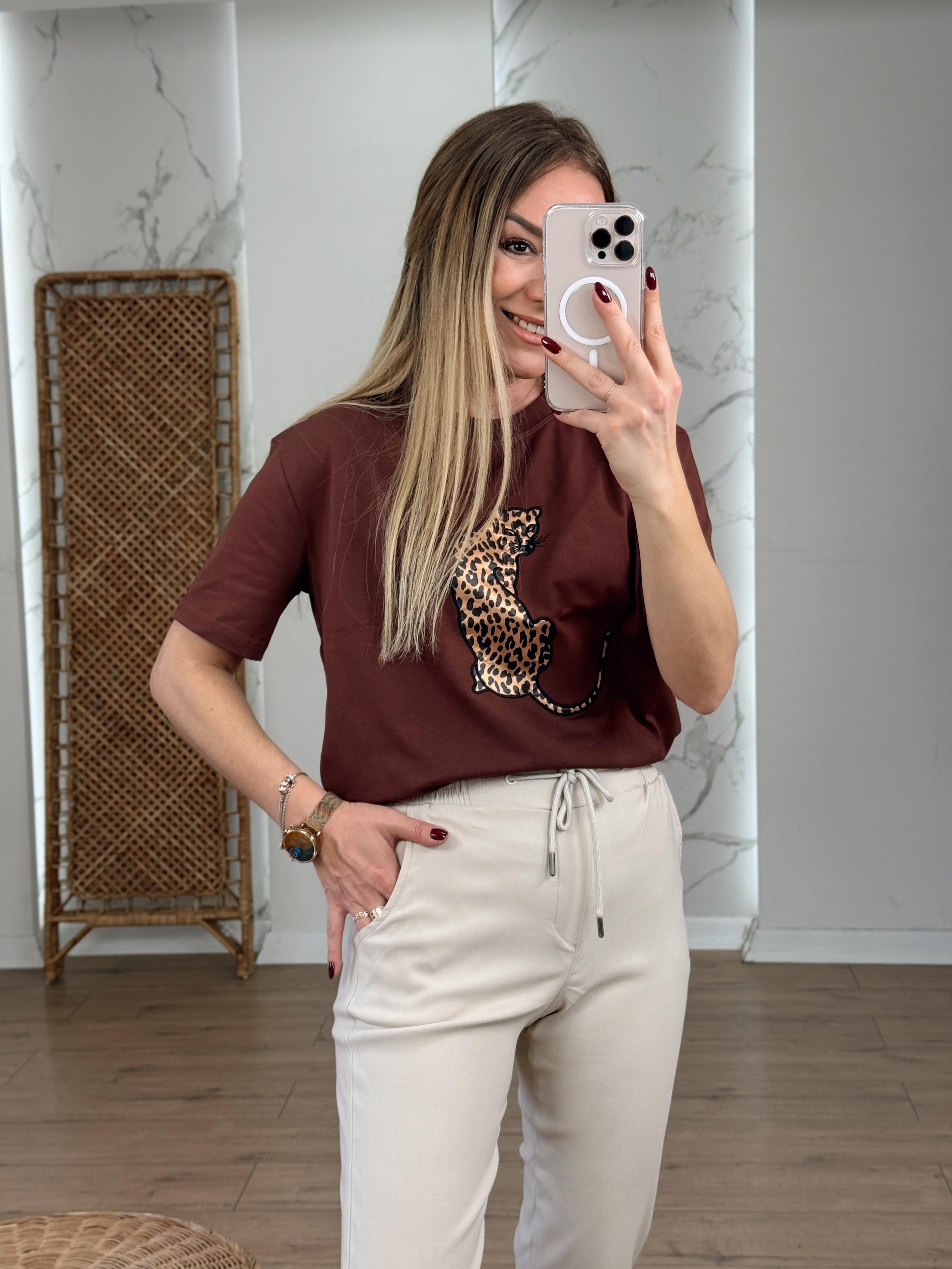 Leopar Nakışlı Tshirt KAHVE