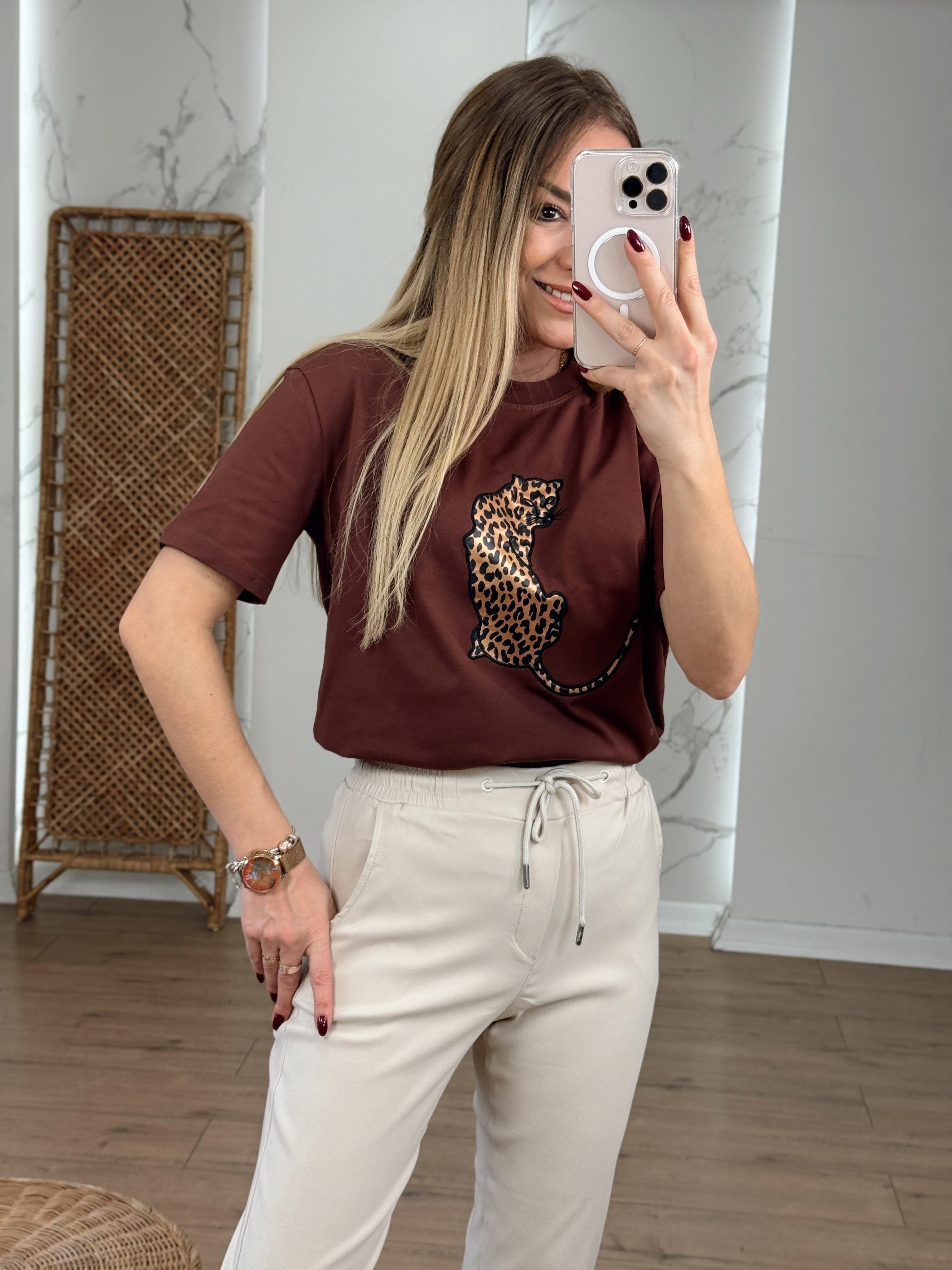 Leopar Nakışlı Tshirt KAHVE