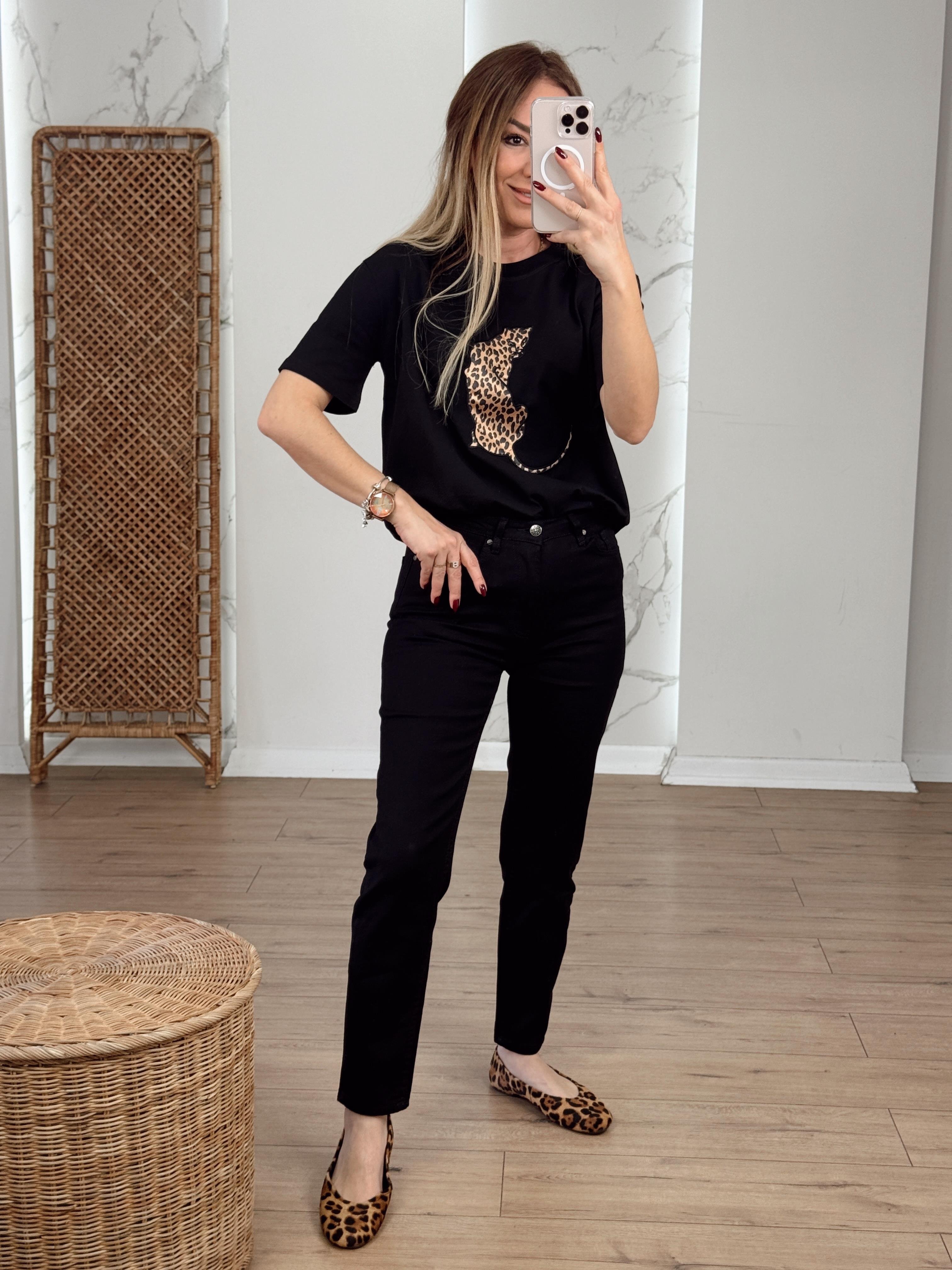 Leopar Nakışlı Tshirt SİYAH